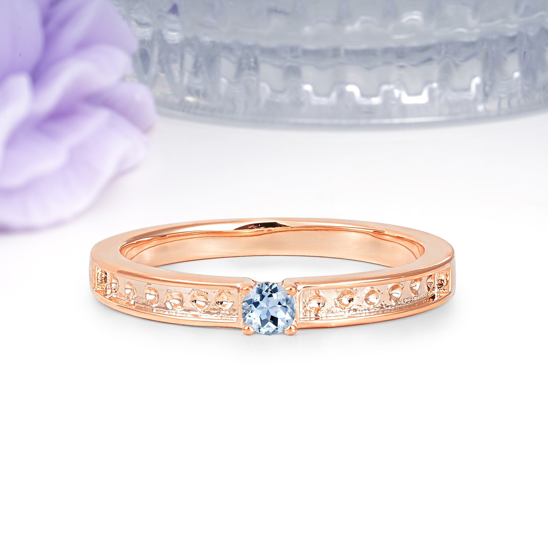 Dainty Single Round Cut 4 Prong Openwork Pave Side Band Aquamarine Engagement Ring - Additional view