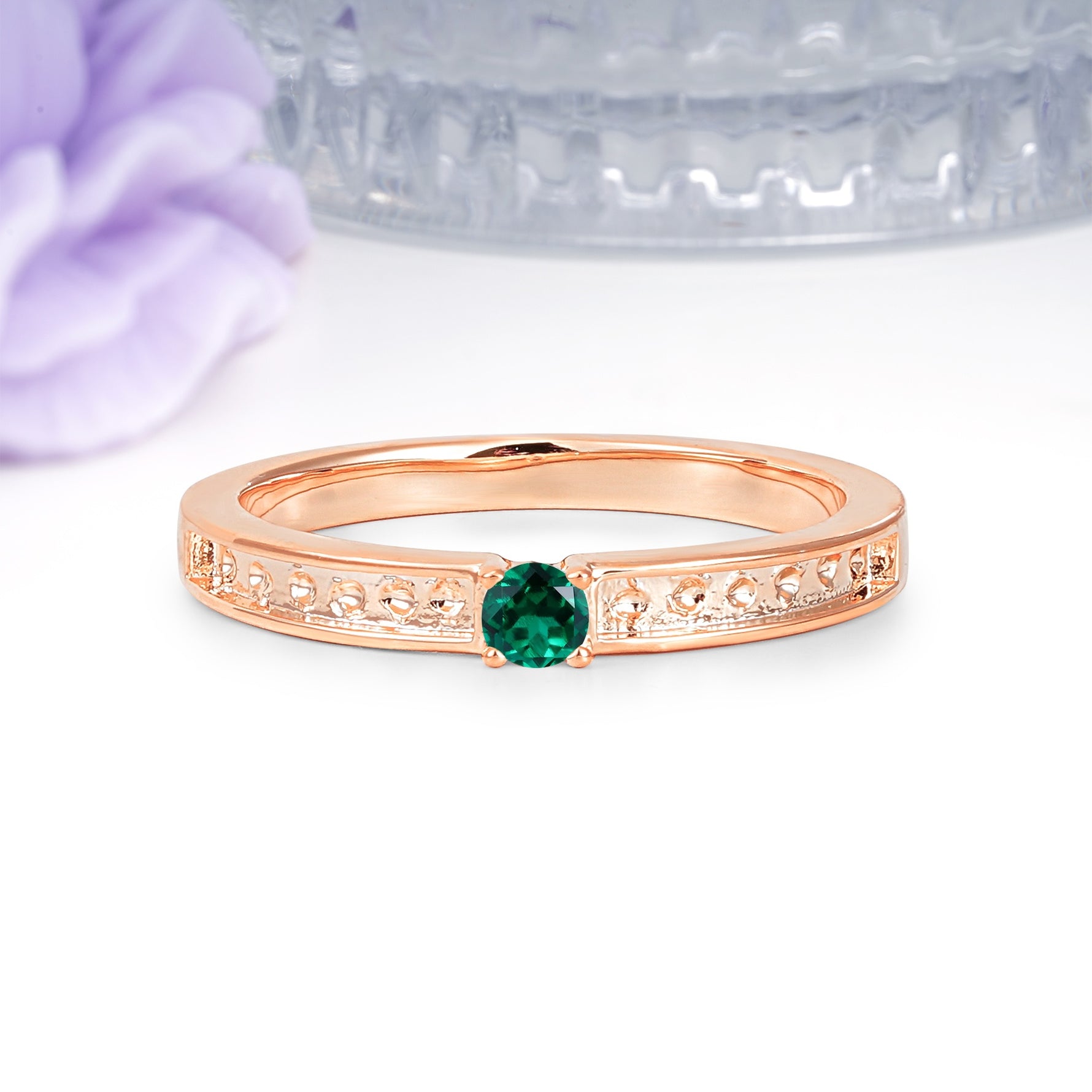 Dainty Single Round Cut 4 Prong Openwork Pave Side Band Emerald Engagement Ring - Additional view