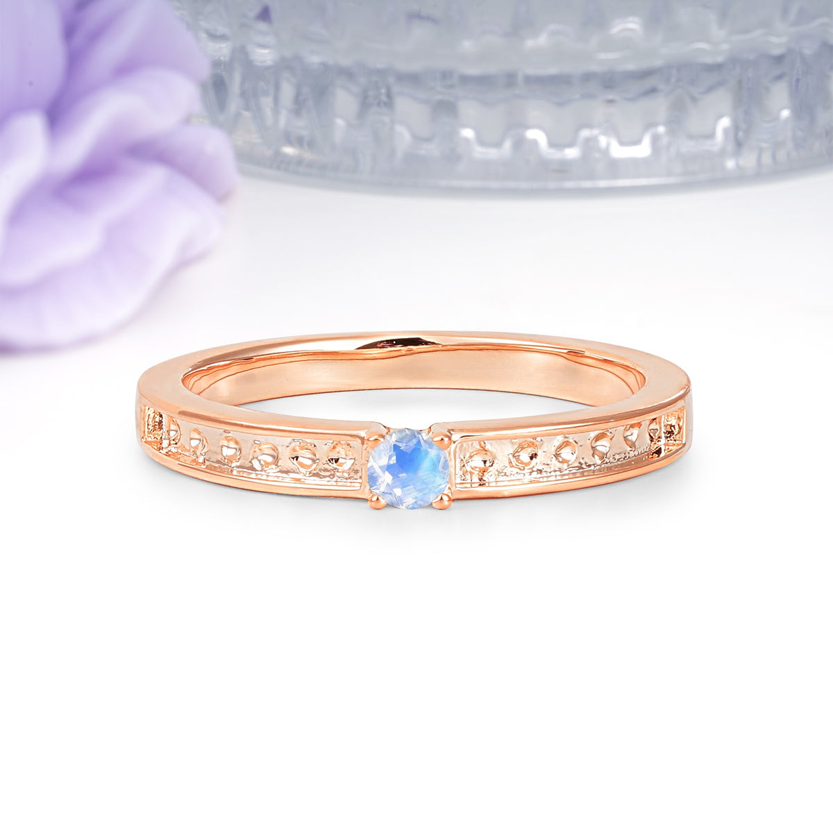 Dainty Single Round Cut 4 Prong Openwork Pave Side Band Moonstone Engagement Ring - Additional view