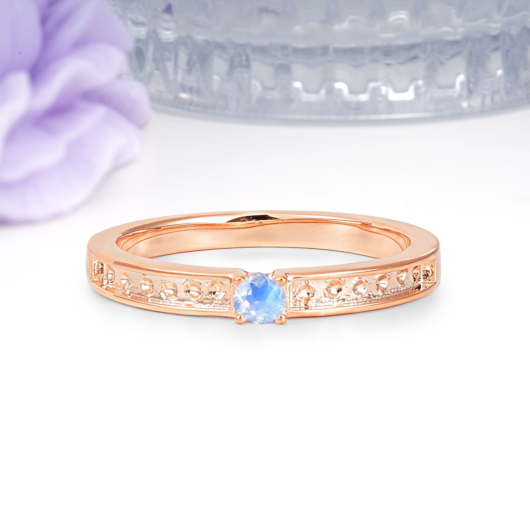 Dainty Single Round Cut 4 Prong Openwork Pave Side Band Moonstone Engagement Ring - Additional view