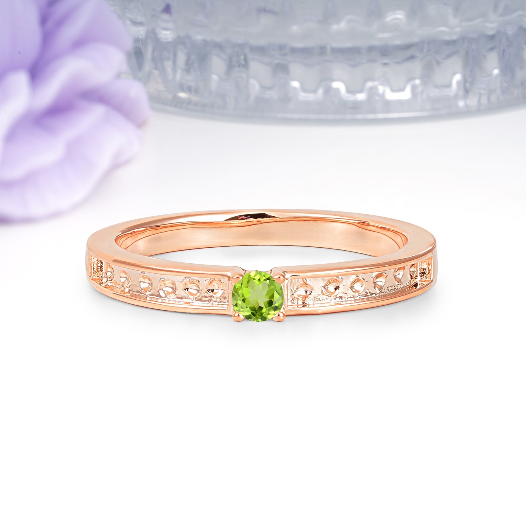 Dainty Single Round Cut 4 Prong Openwork Pave Side Band Peridot Engagement Ring - Additional view