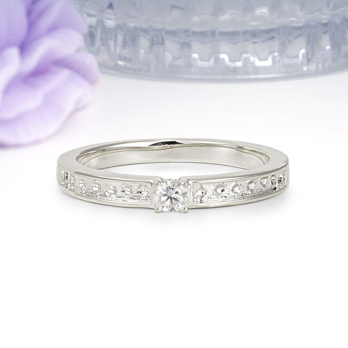 Dainty Single Round Cut 4 Prong Openwork Pave Side Band Moissanite Engagement Ring - Additional view