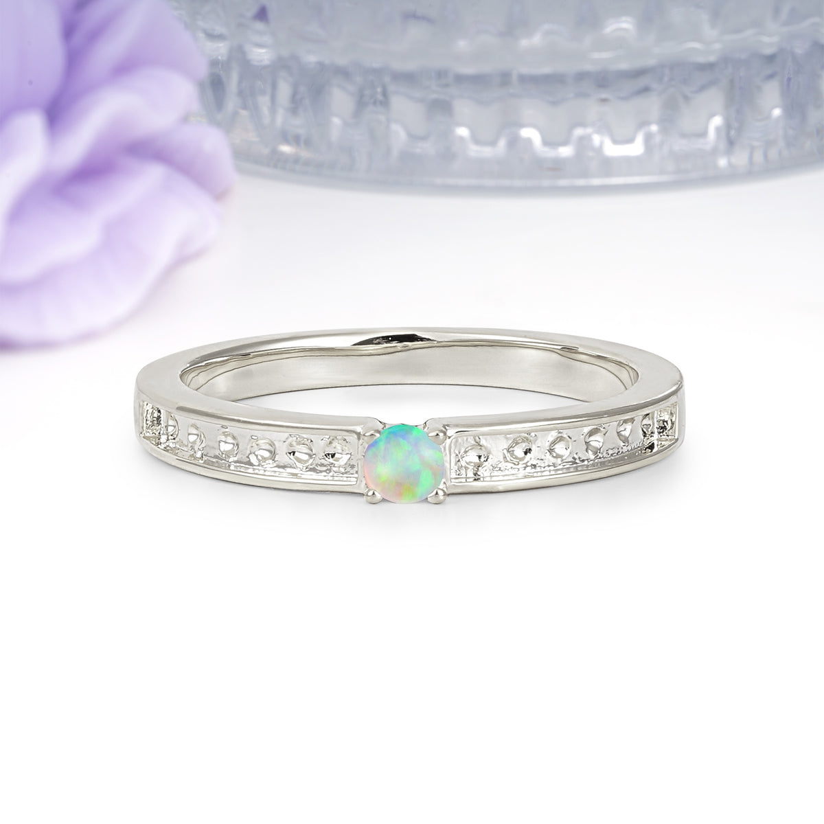 Dainty Single Round Cut 4 Prong Openwork Pave Side Band Fire Opal Engagement Ring - Additional view