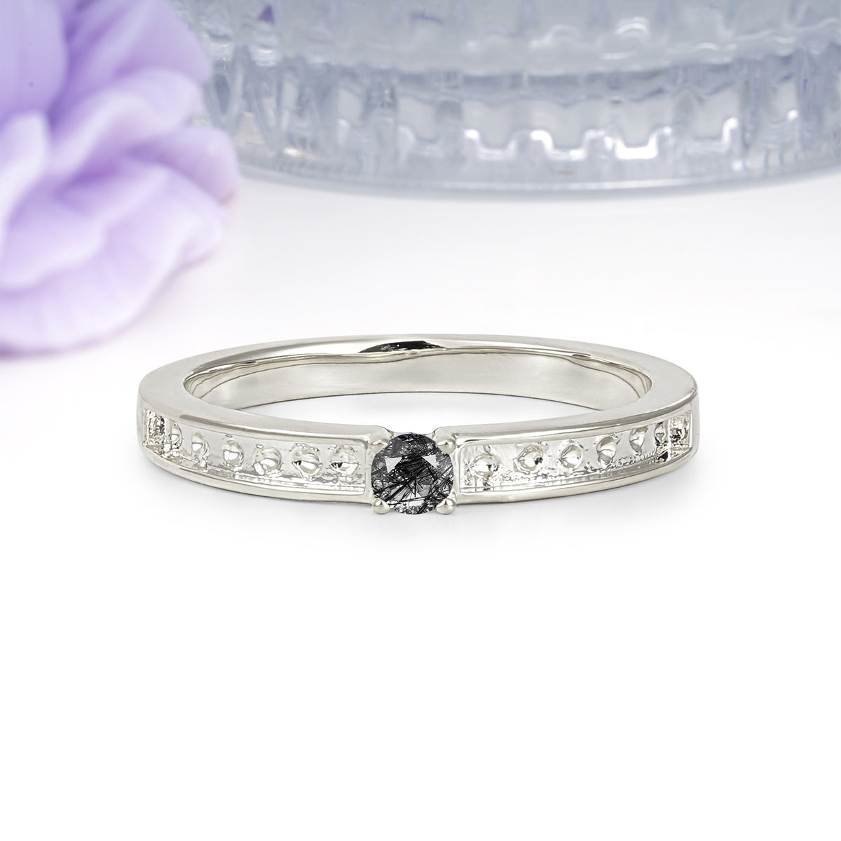 Dainty Single Round Cut 4 Prong Openwork Pave Side Band Black Rutilated Quartz Engagement Ring - Additional view