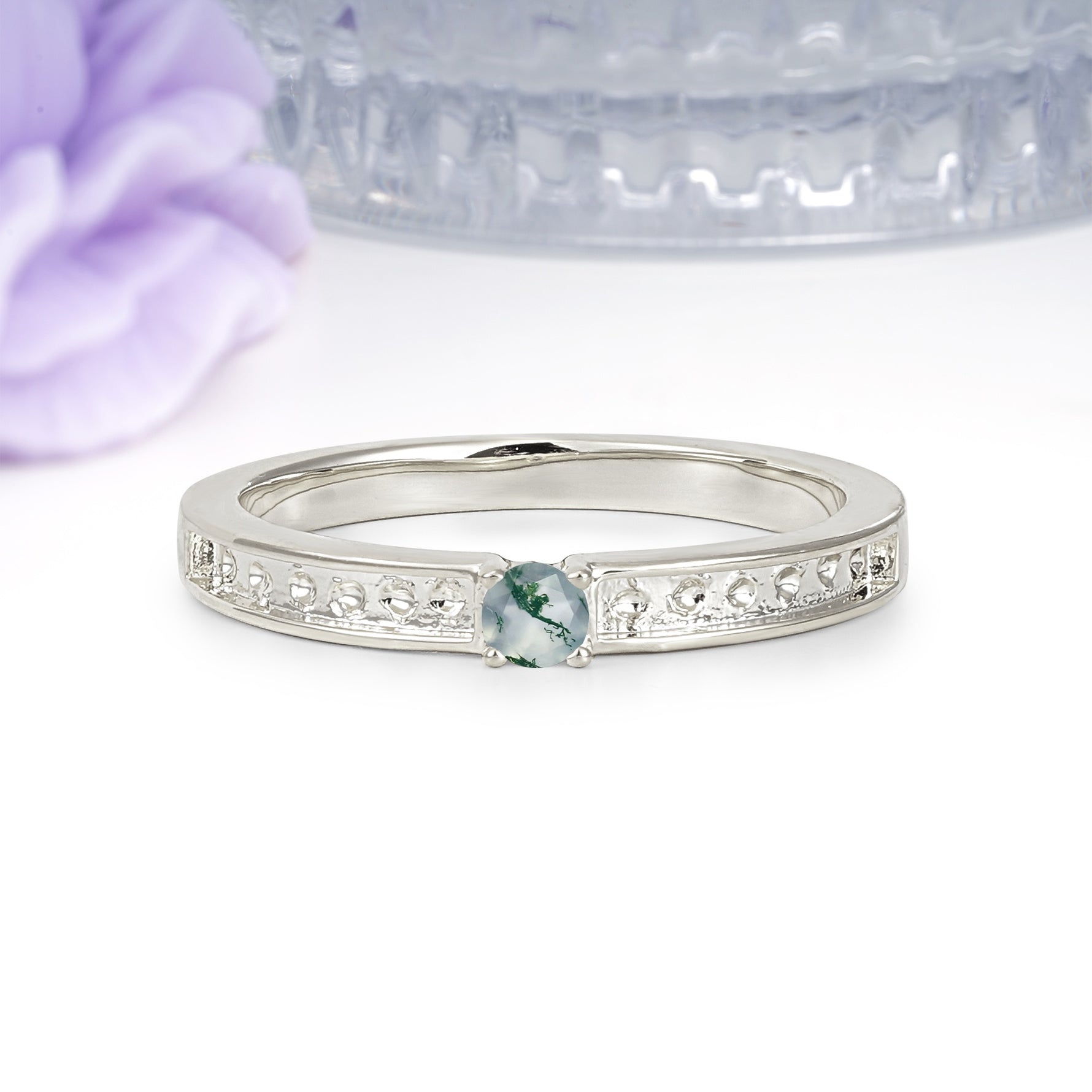Dainty Single Round Cut 4 Prong Openwork Pave Side Band Moss Agate Engagement Ring - Additional view