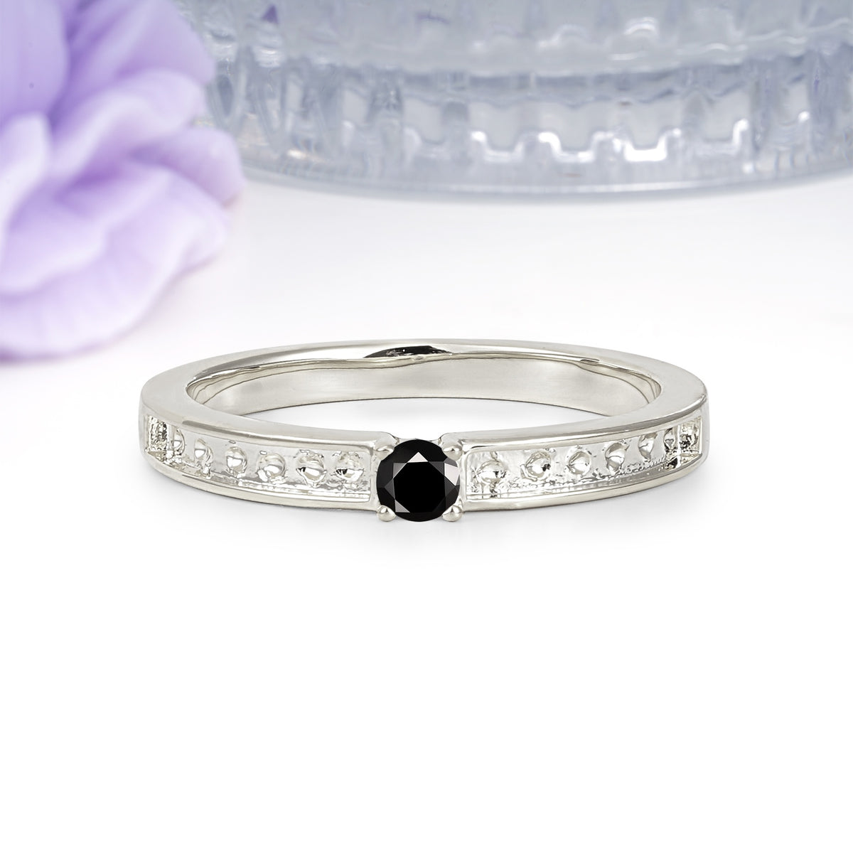 Dainty Single Round Cut 4 Prong Openwork Pave Side Band Black Onyx Engagement Ring - Additional view