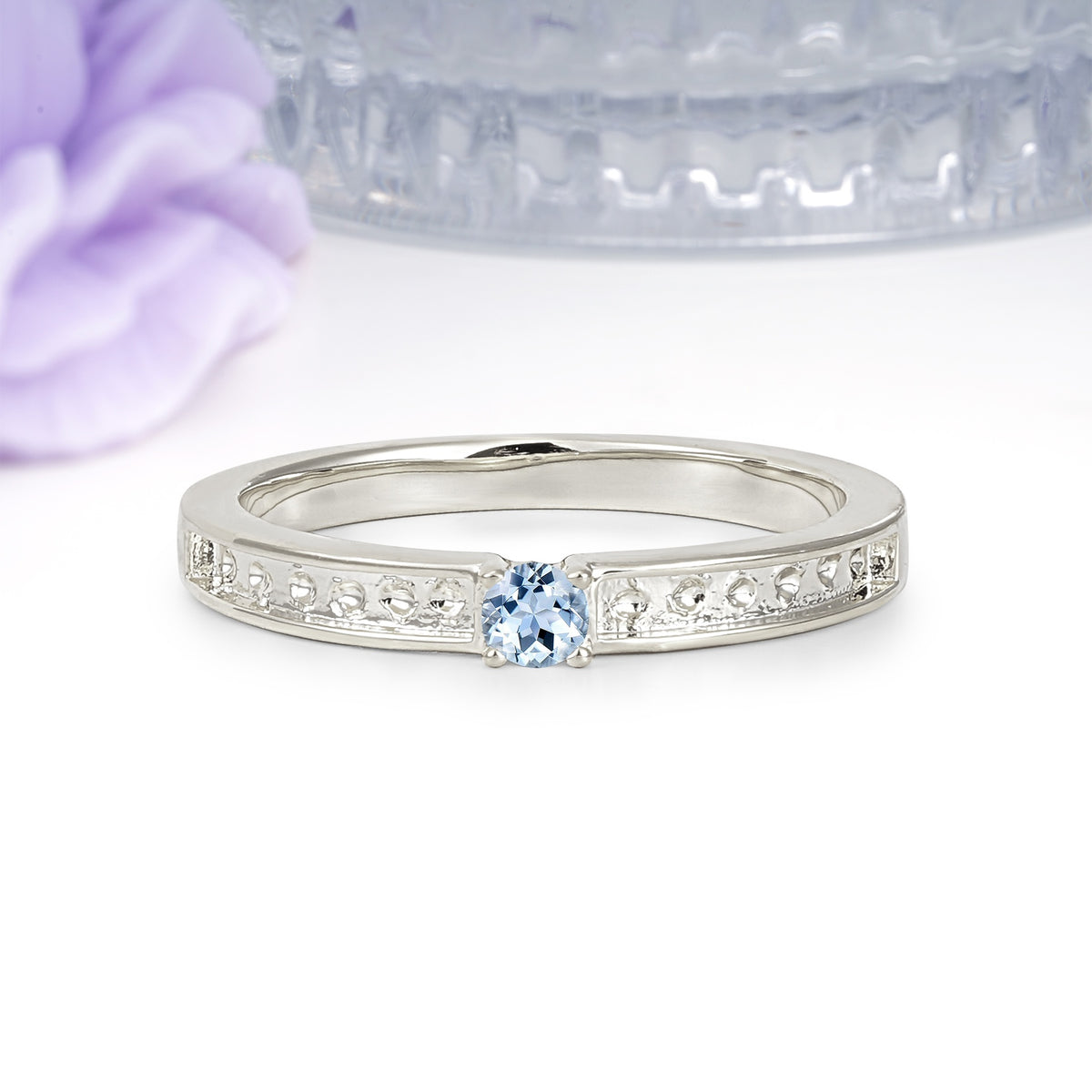 Dainty Single Round Cut 4 Prong Openwork Pave Side Band Aquamarine Engagement Ring - Additional view