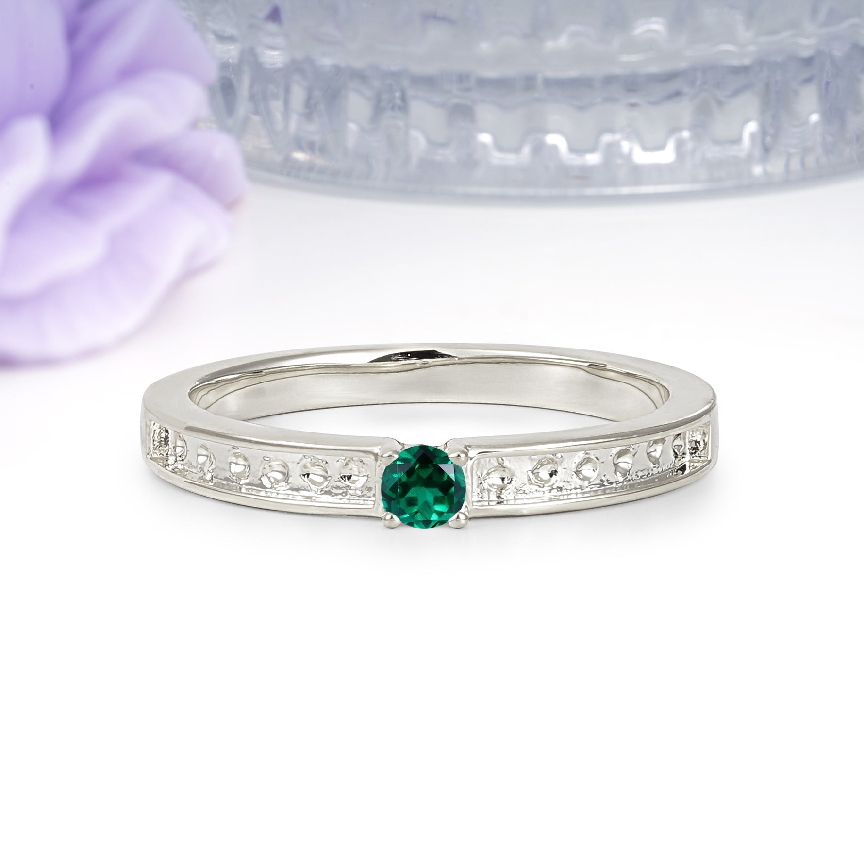 Dainty Single Round Cut 4 Prong Openwork Pave Side Band Emerald Engagement Ring - Additional view