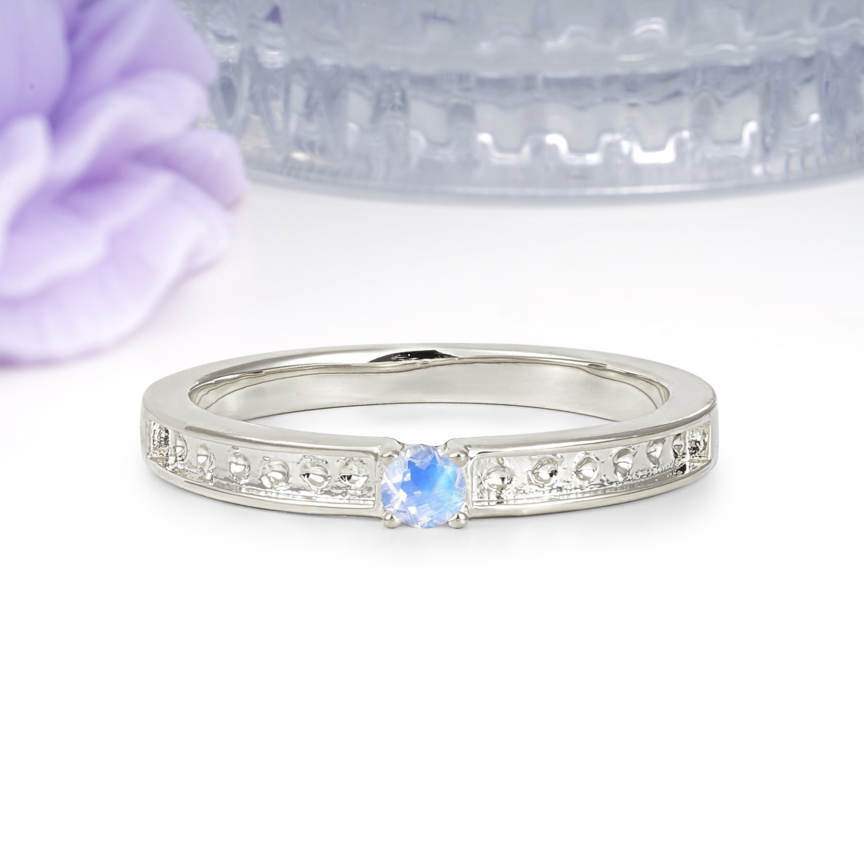 Dainty Single Round Cut 4 Prong Openwork Pave Side Band Moonstone Engagement Ring - Additional view