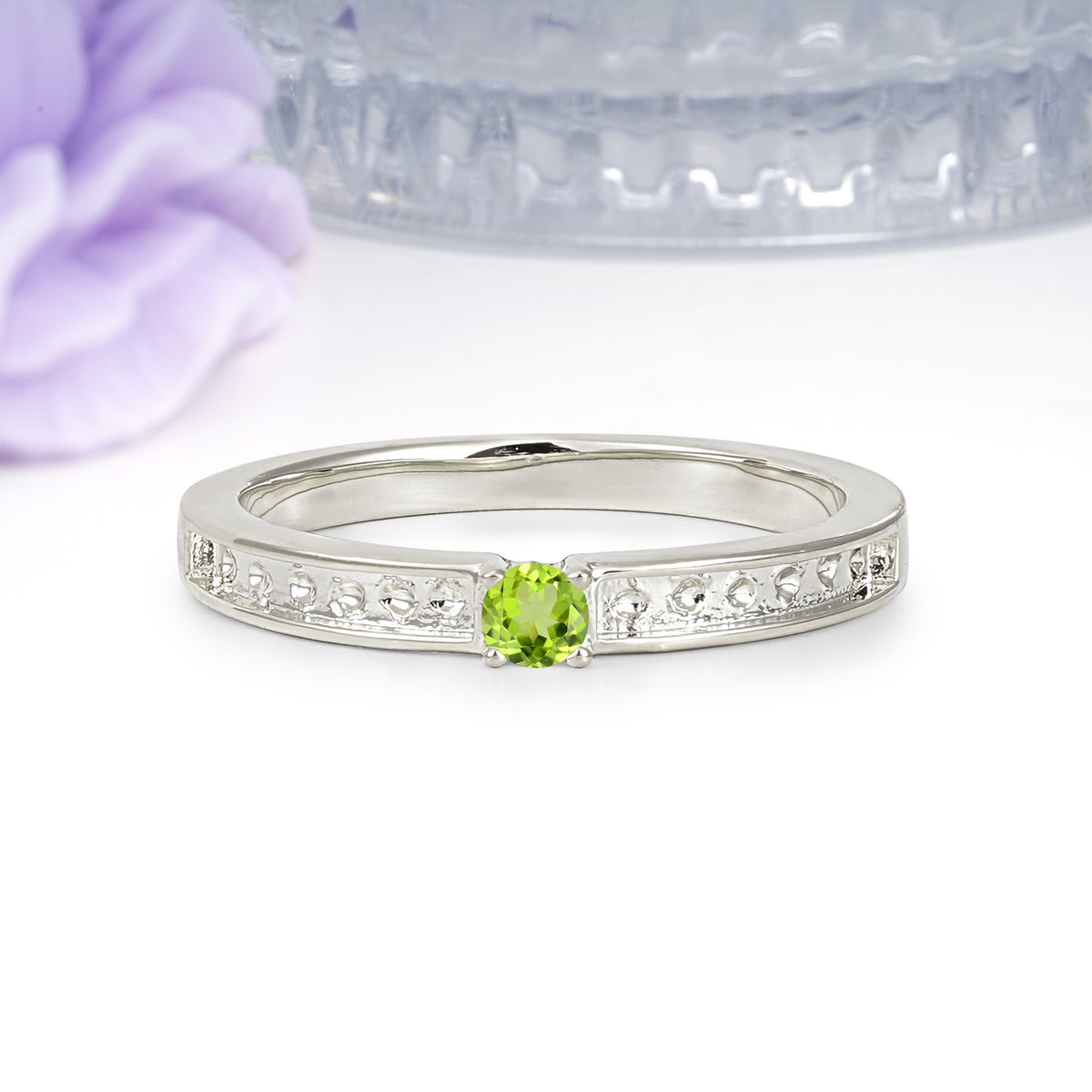 Dainty Single Round Cut 4 Prong Openwork Pave Side Band Peridot Engagement Ring - Additional view