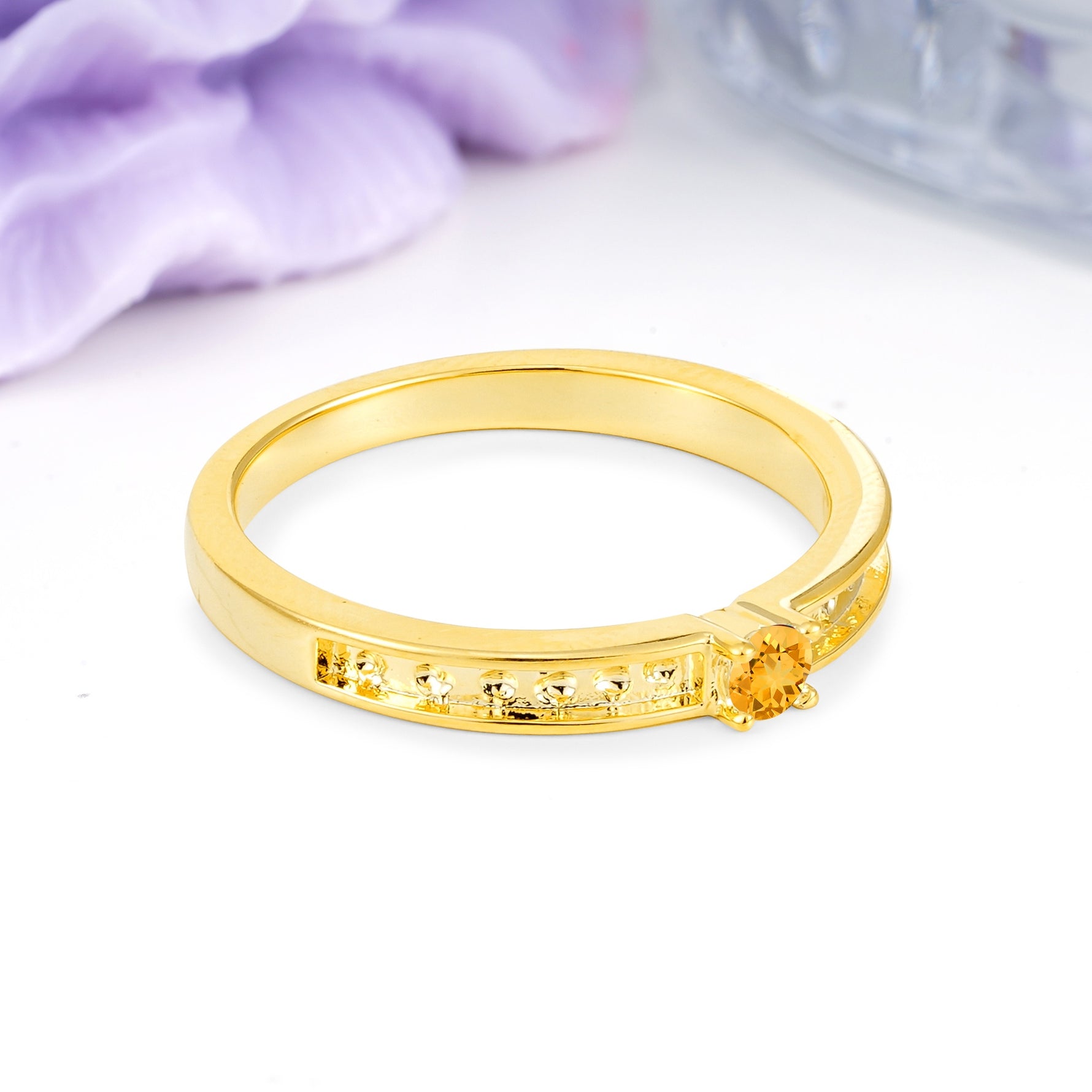 Dainty Single Round Cut 4 Prong Openwork Pave Side Band Citrine Engagement Ring - Additional view