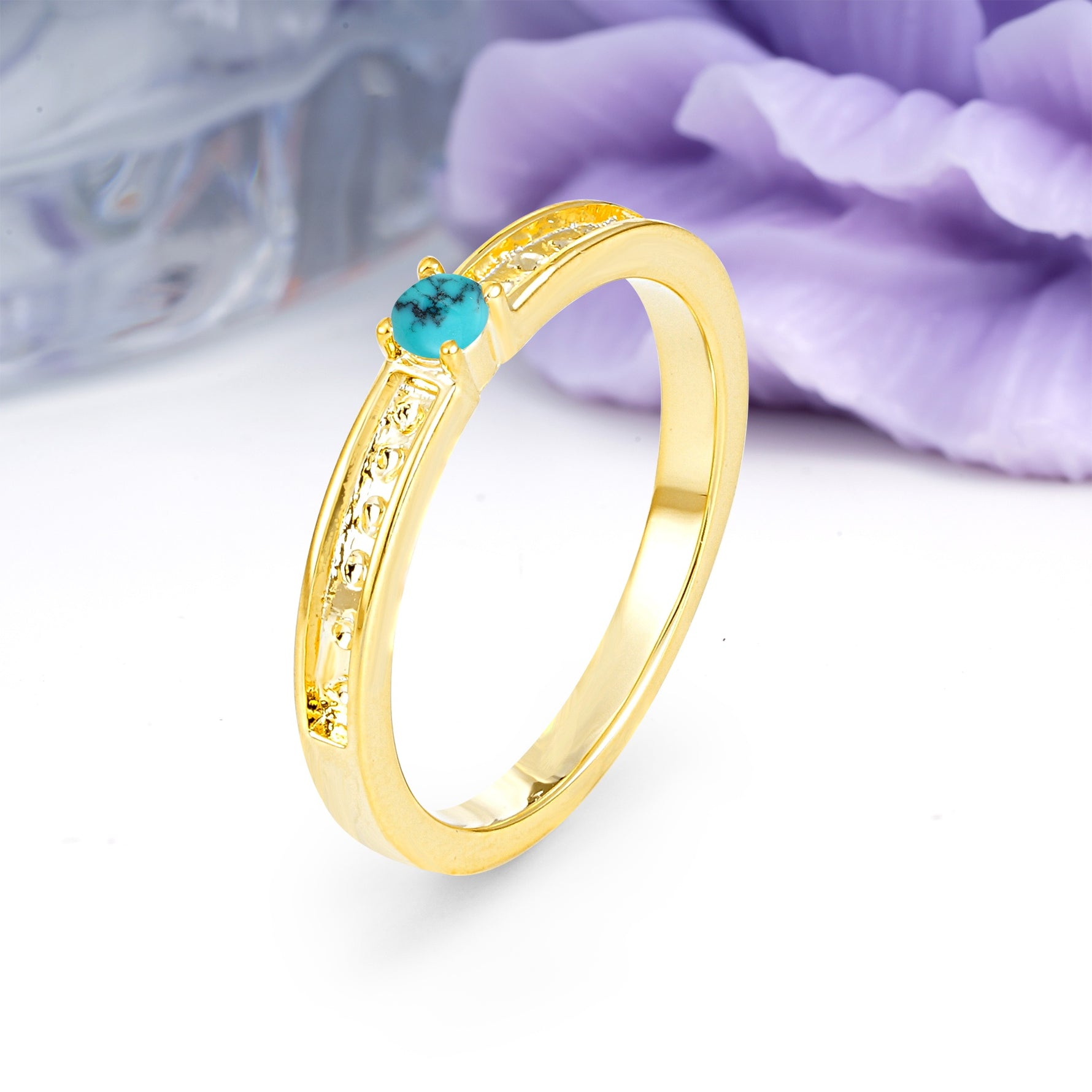 Dainty Single Round Cut 4 Prong Openwork Pave Side Band Turquoise Engagement Ring - Additional view