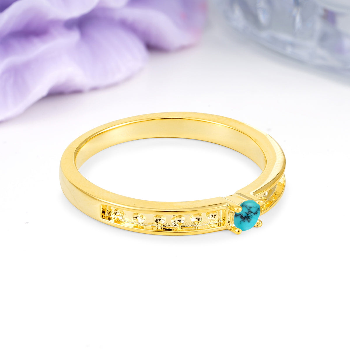 Dainty Single Round Cut 4 Prong Openwork Pave Side Band Turquoise Engagement Ring - Additional view