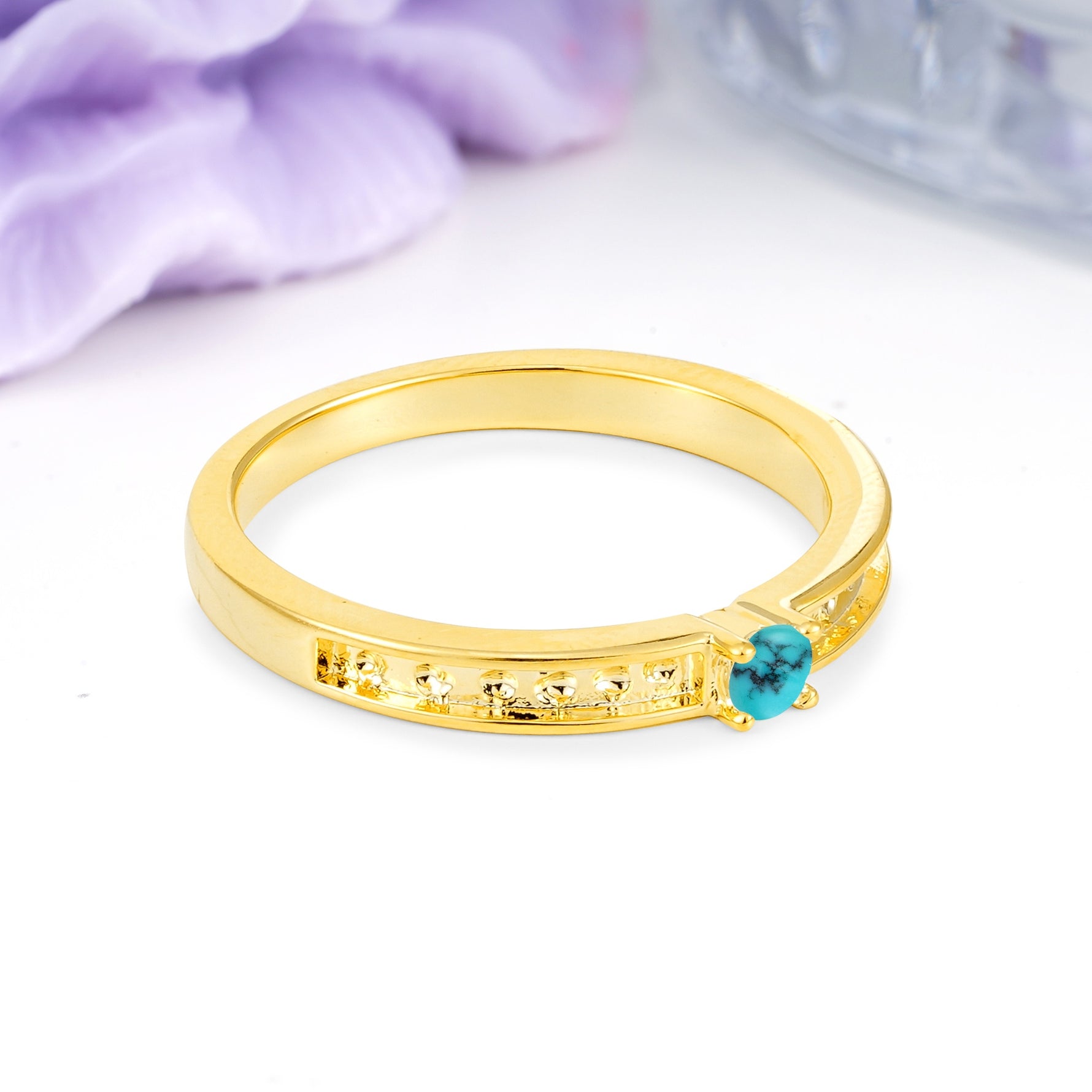 Dainty Single Round Cut 4 Prong Openwork Pave Side Band Turquoise Engagement Ring - Additional view