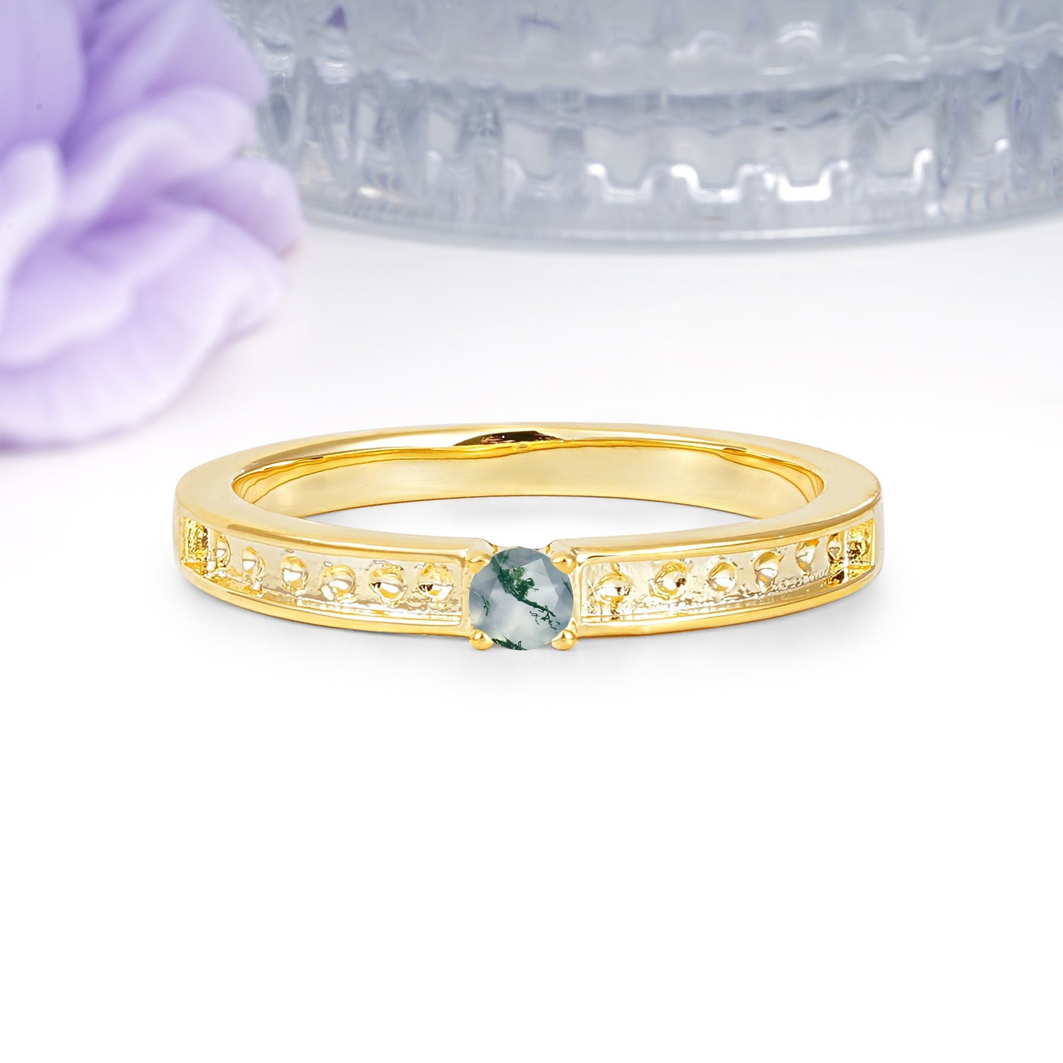 Dainty Single Round Cut 4 Prong Openwork Pave Side Band Moss Agate Engagement Ring - Additional view