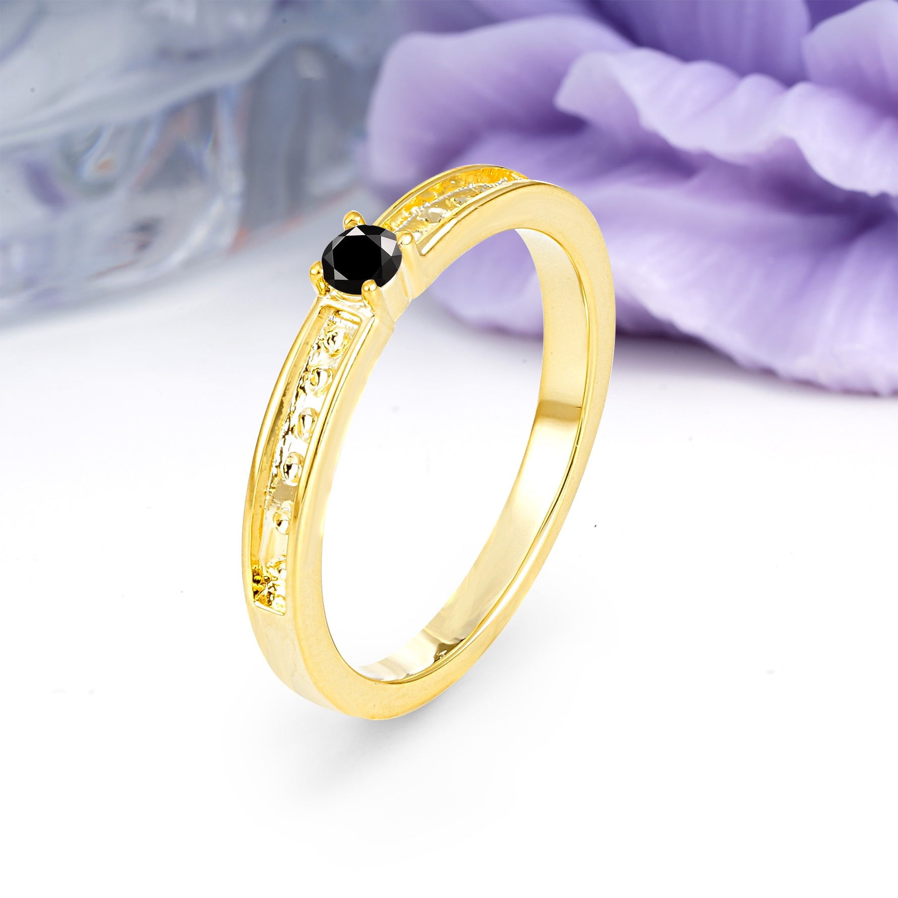Dainty Single Round Cut 4 Prong Openwork Pave Side Band Black Onyx Engagement Ring - Additional view