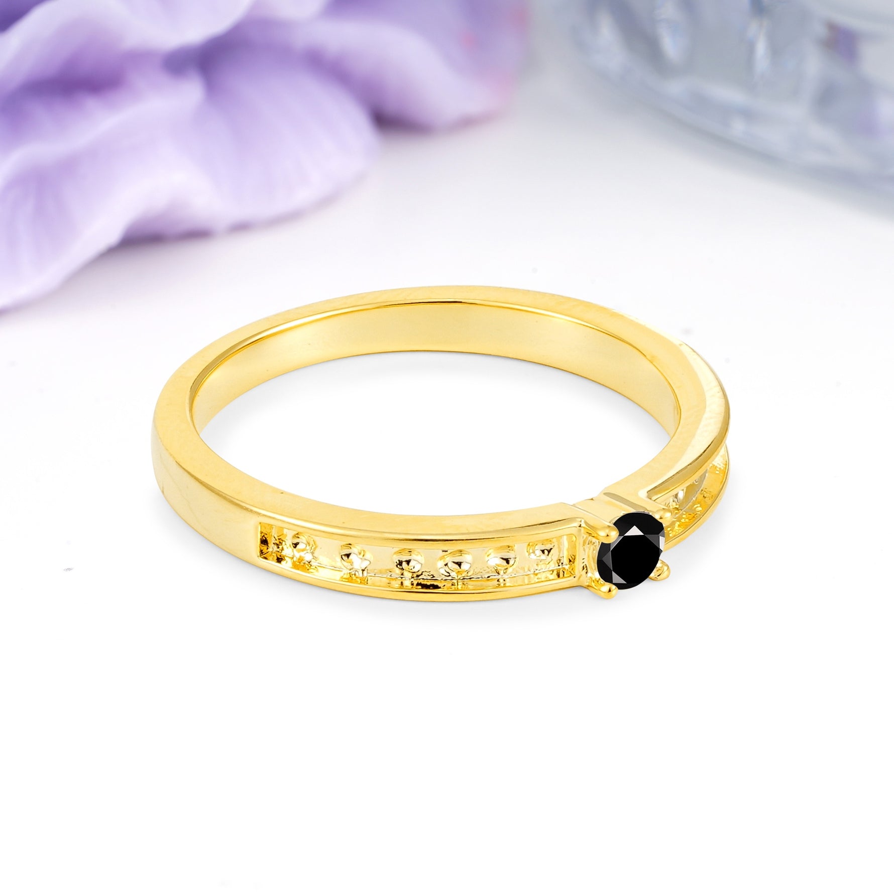 Dainty Single Round Cut 4 Prong Openwork Pave Side Band Black Onyx Engagement Ring - Additional view