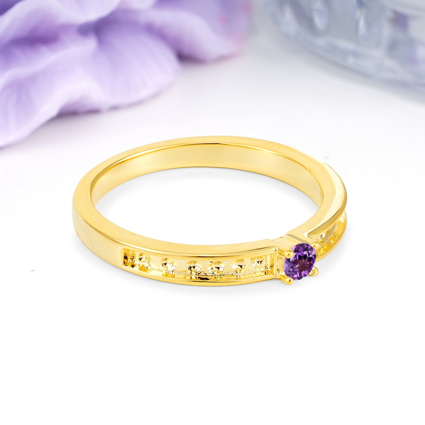 Dainty Single Round Cut 4 Prong Openwork Pave Side Band Amethyst Engagement Ring - Additional view