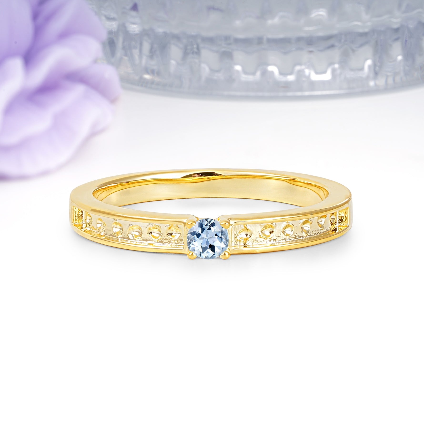 Dainty Single Round Cut 4 Prong Openwork Pave Side Band Aquamarine Engagement Ring - Additional view
