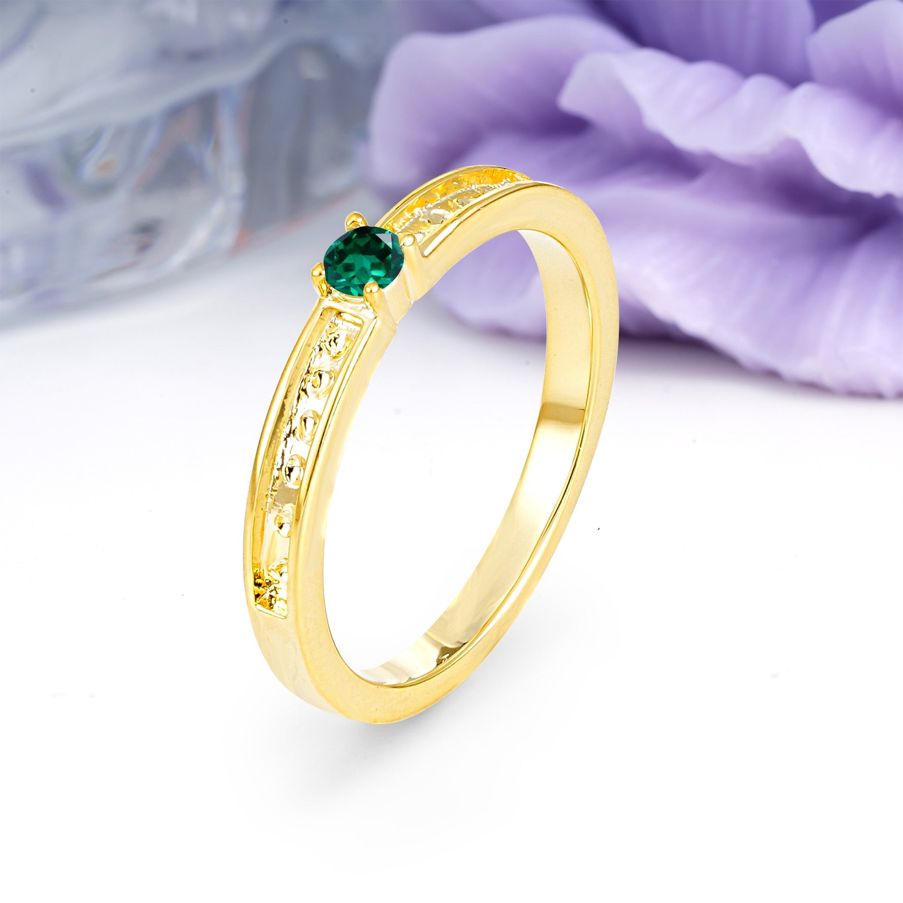 Dainty Single Round Cut 4 Prong Openwork Pave Side Band Emerald Engagement Ring - Additional view