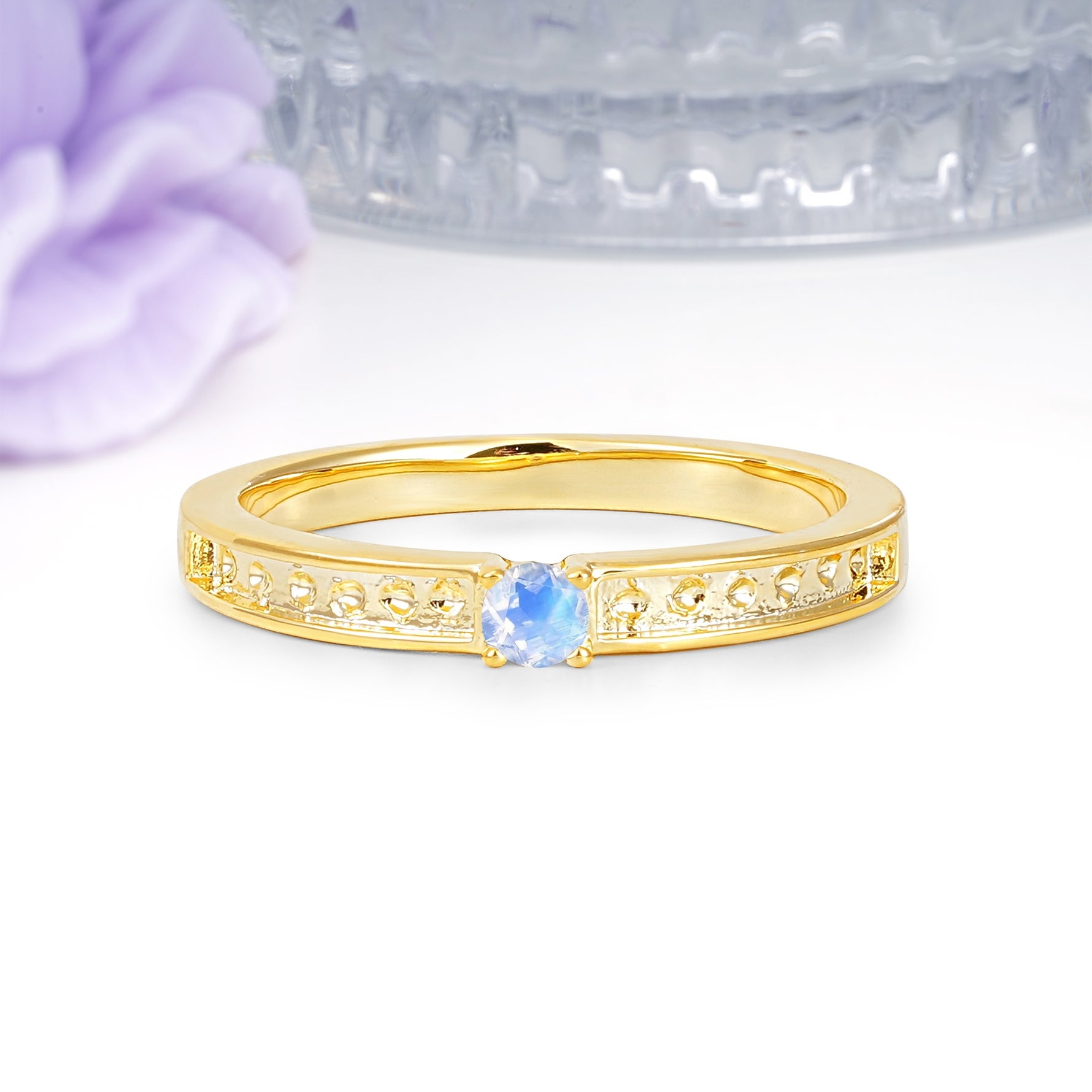 Dainty Single Round Cut 4 Prong Openwork Pave Side Band Moonstone Engagement Ring - Additional view