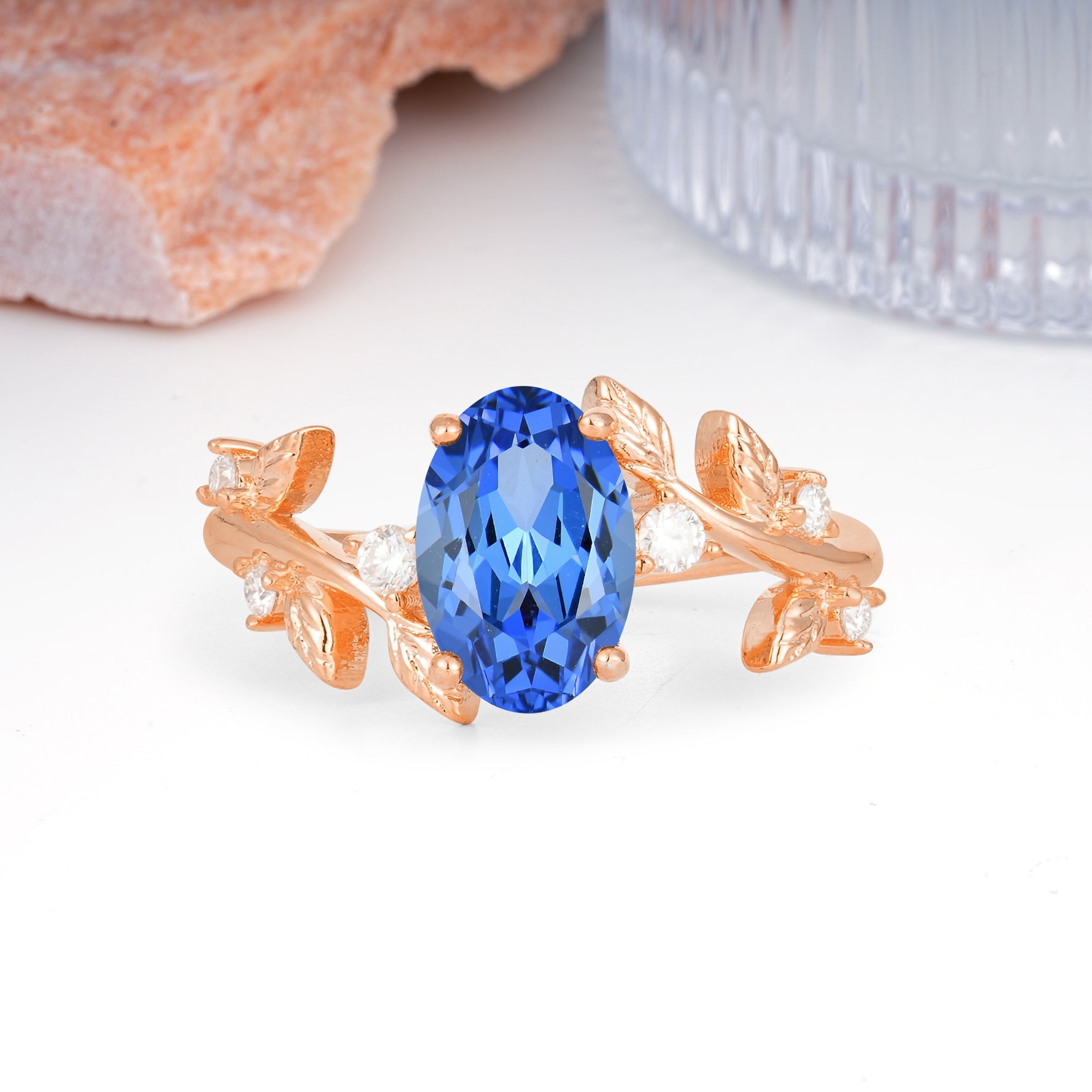 Nature Inspired Oval Cut Four Prong Leaf Vine Accent Sapphire Engagement Ring - Additional view