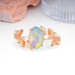 Nature Inspired Oval Cut Four Prong Leaf Vine Accent Fire Opal Engagement Ring - Additional view