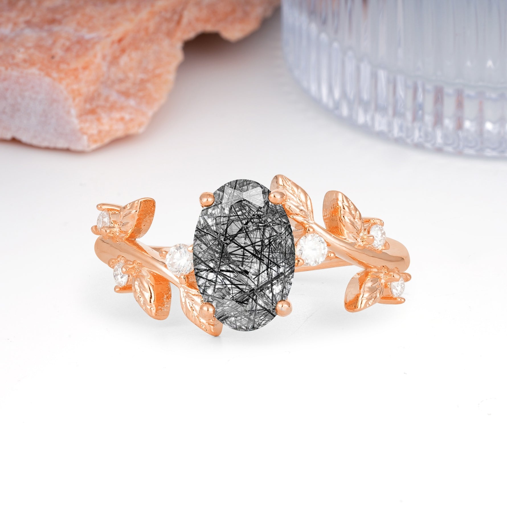 Nature Inspired Oval Cut Four Prong Leaf Vine Accent Black Rutilated Quartz Engagement Ring - Additional view