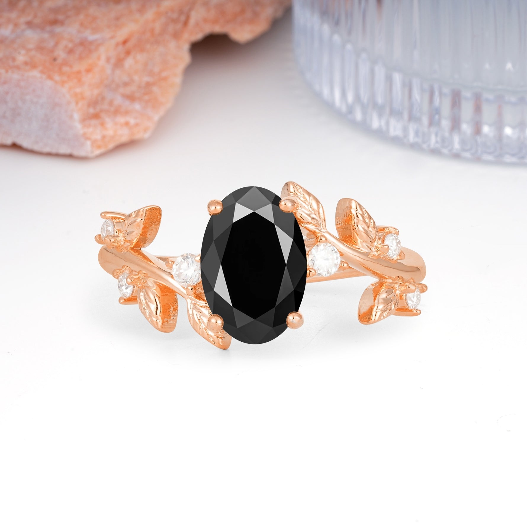 Nature Inspired Oval Cut Four Prong Leaf Vine Accent Black Onyx Engagement Ring - Additional view