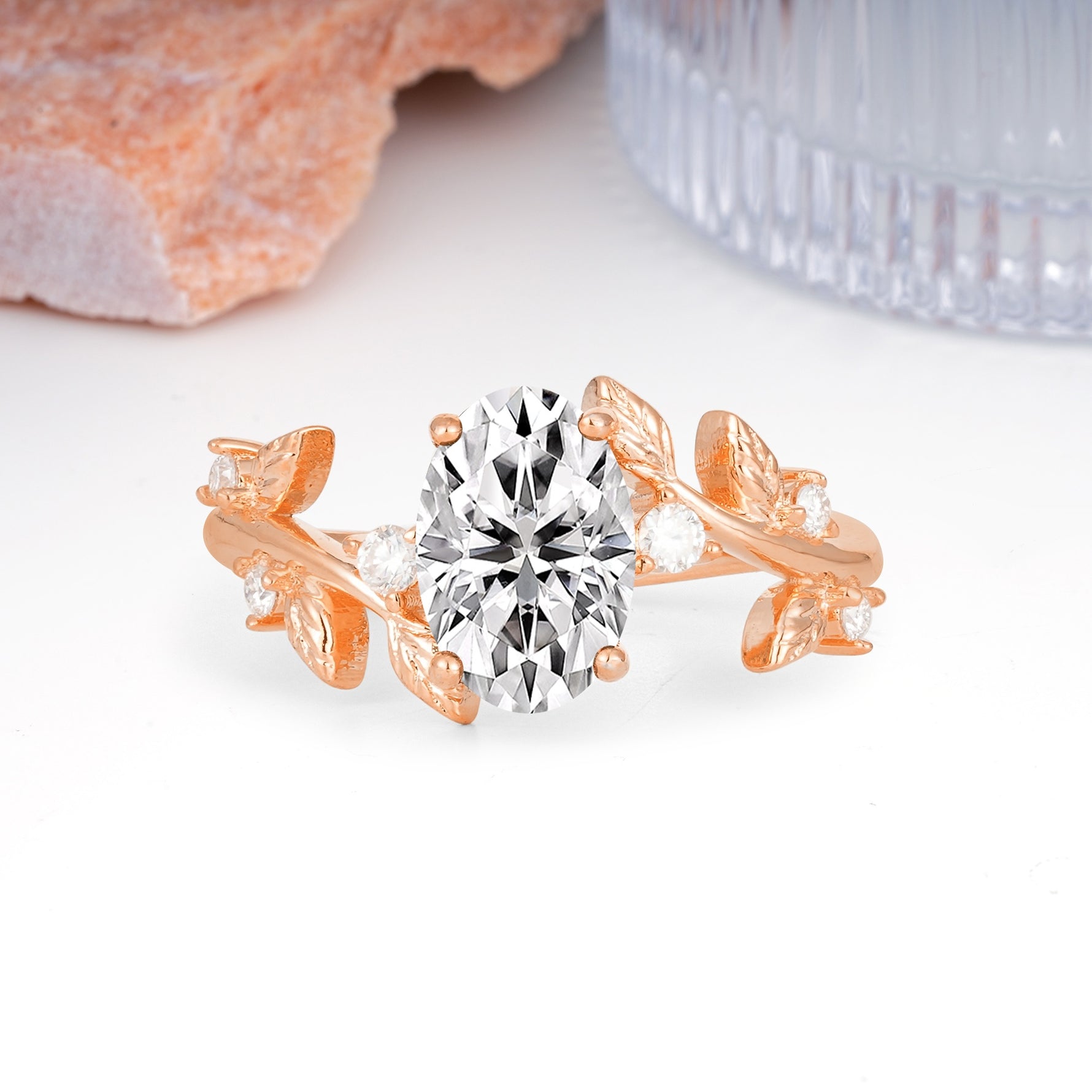Nature Inspired Oval Cut Four Prong Leaf Vine Accent Lab Diamond Engagement Ring - Additional view