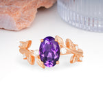 Nature Inspired Oval Cut Four Prong Leaf Vine Accent Amethyst Engagement Ring - Additional view