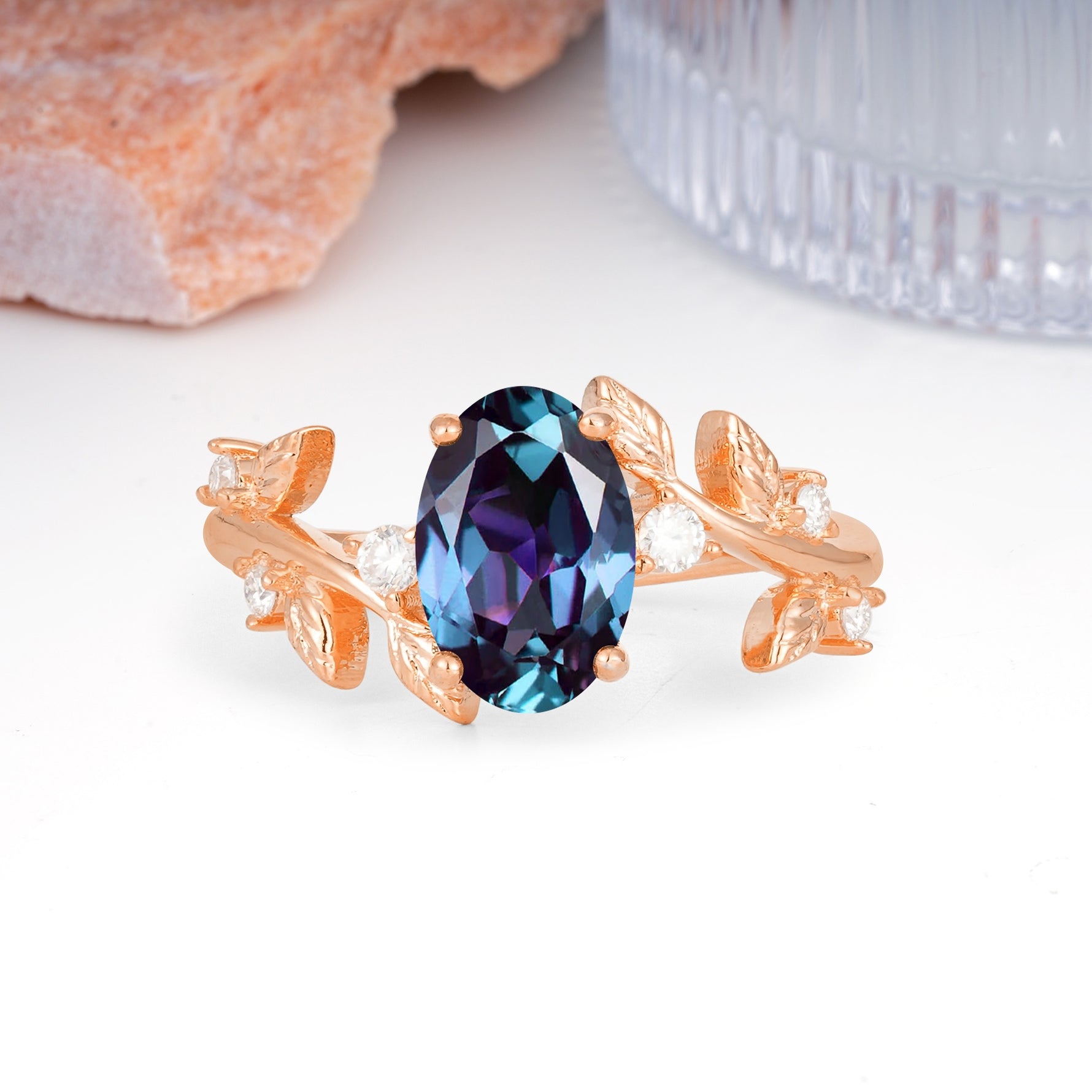 Nature Inspired Oval Cut Four Prong Leaf Vine Accent Alexandrite Engagement Ring - Additional view