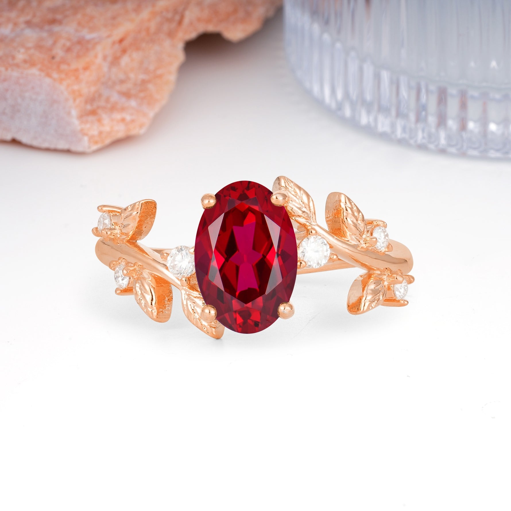 Nature Inspired Oval Cut Four Prong Leaf Vine Accent Ruby Engagement Ring - Additional view