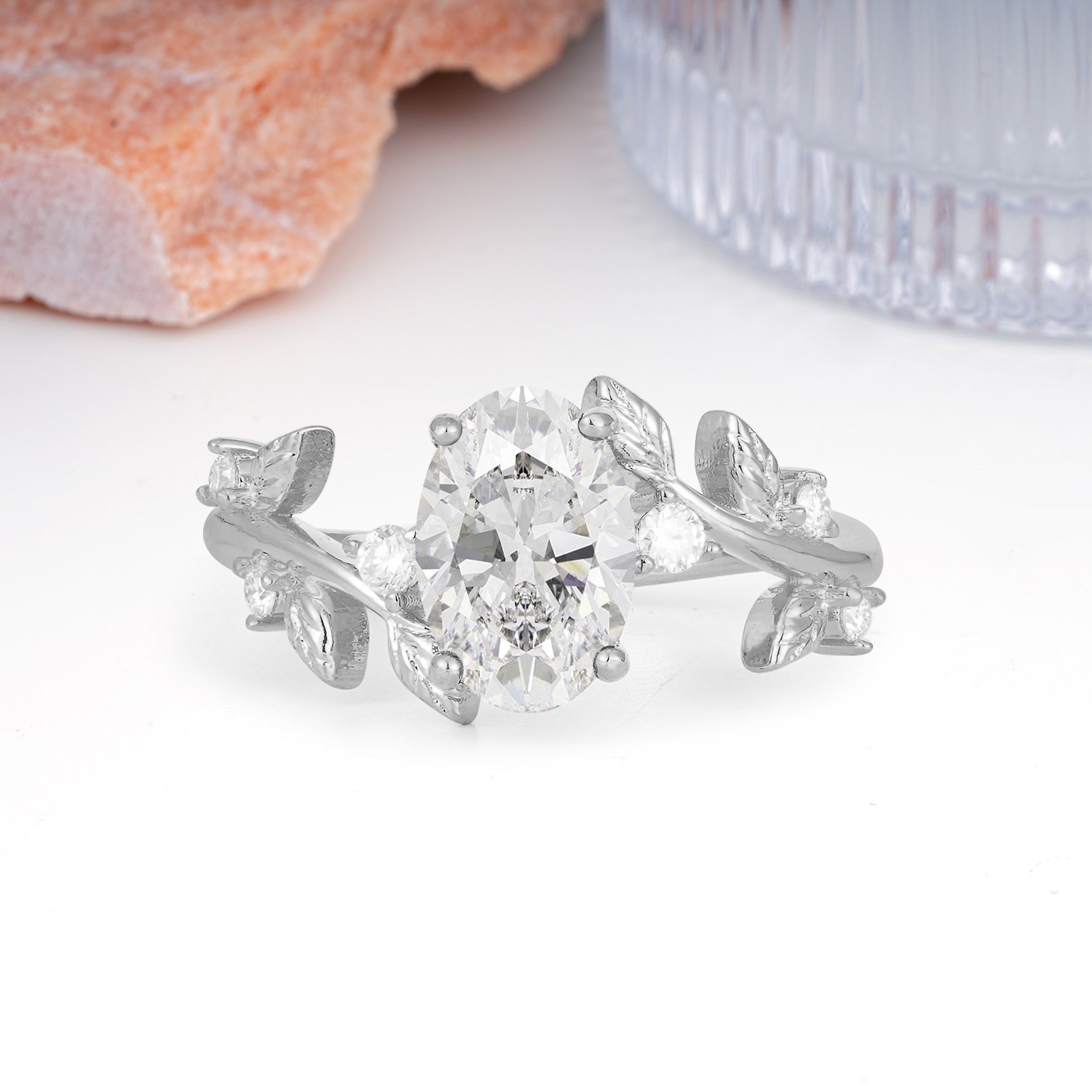 Nature Inspired Oval Cut Four Prong Leaf Vine Accent Moissanite Engagement Ring - Additional view