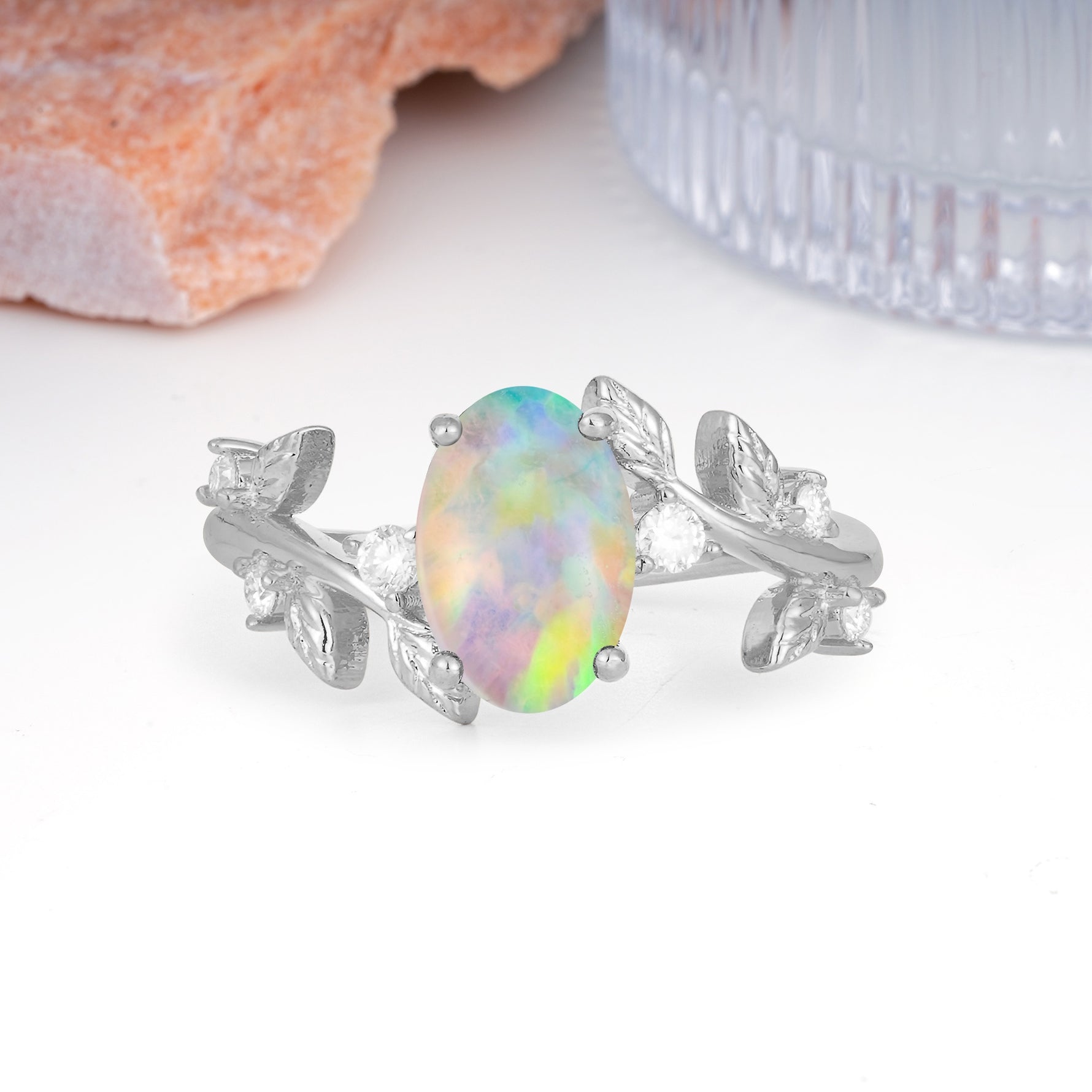Nature Inspired Oval Cut Four Prong Leaf Vine Accent Fire Opal Engagement Ring - Additional view