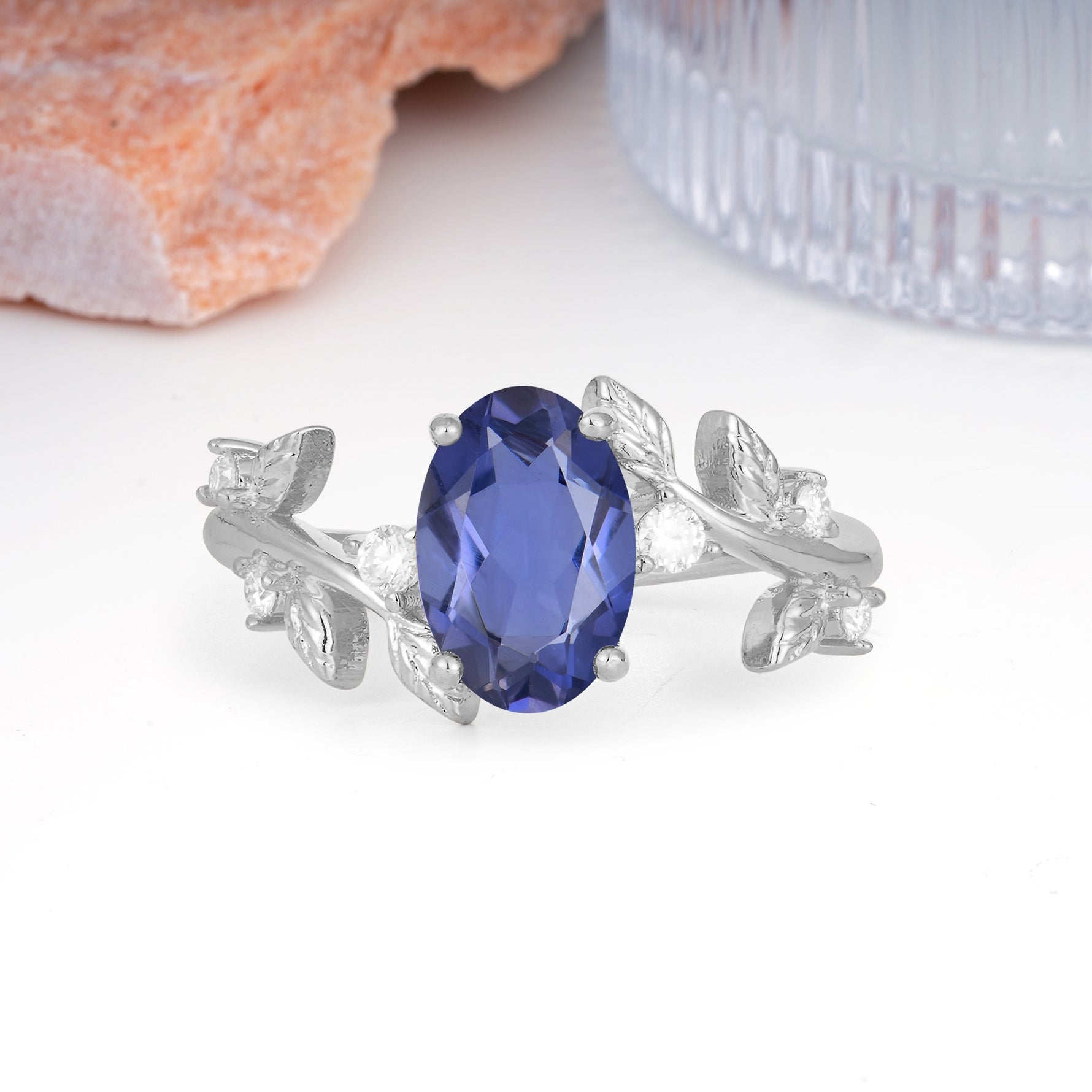Nature Inspired Oval Cut Four Prong Leaf Vine Accent Tanzanite Engagement Ring - Additional view