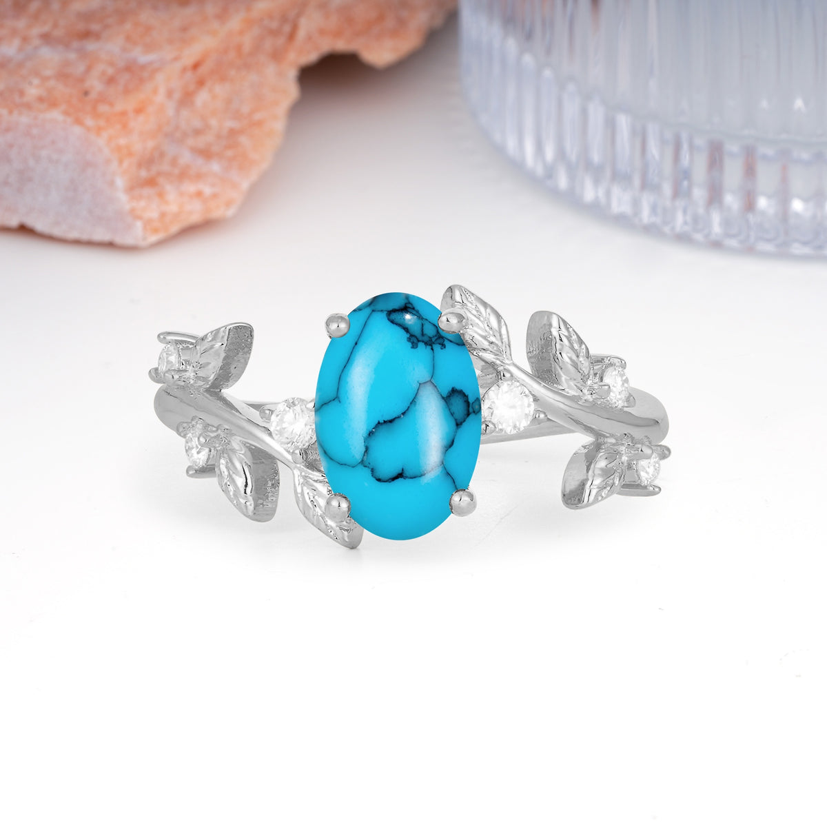 Nature Inspired Oval Cut Four Prong Leaf Vine Accent Turquoise Engagement Ring - Additional view