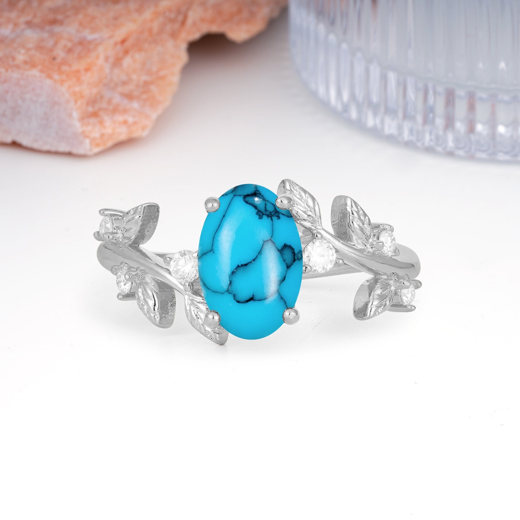 Nature Inspired Oval Cut Four Prong Leaf Vine Accent Turquoise Engagement Ring - Additional view