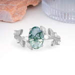 Nature Inspired Oval Cut Four Prong Leaf Vine Accent Moss Agate Engagement Ring - Additional view