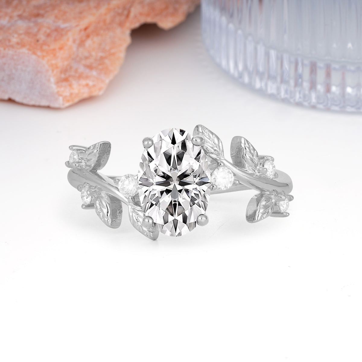 Nature Inspired Oval Cut Four Prong Leaf Vine Accent Lab Diamond Engagement Ring - Additional view