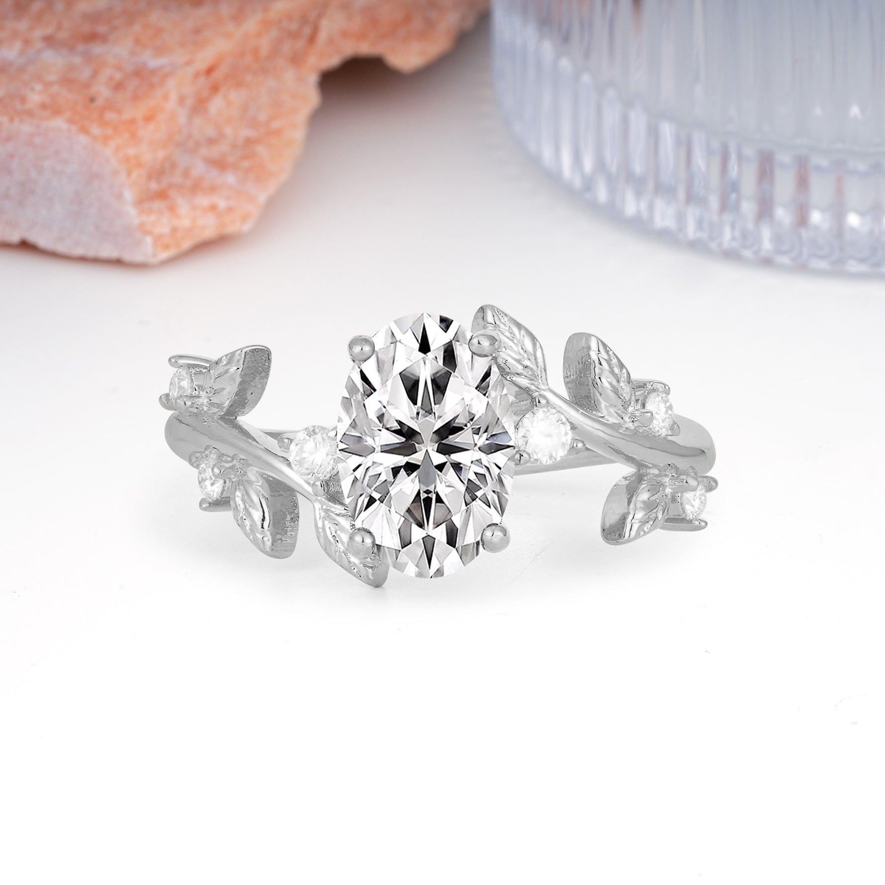 Nature Inspired Oval Cut Four Prong Leaf Vine Accent Lab Diamond Engagement Ring - Additional view