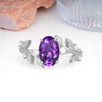Nature Inspired Oval Cut Four Prong Leaf Vine Accent Amethyst Engagement Ring - Additional view