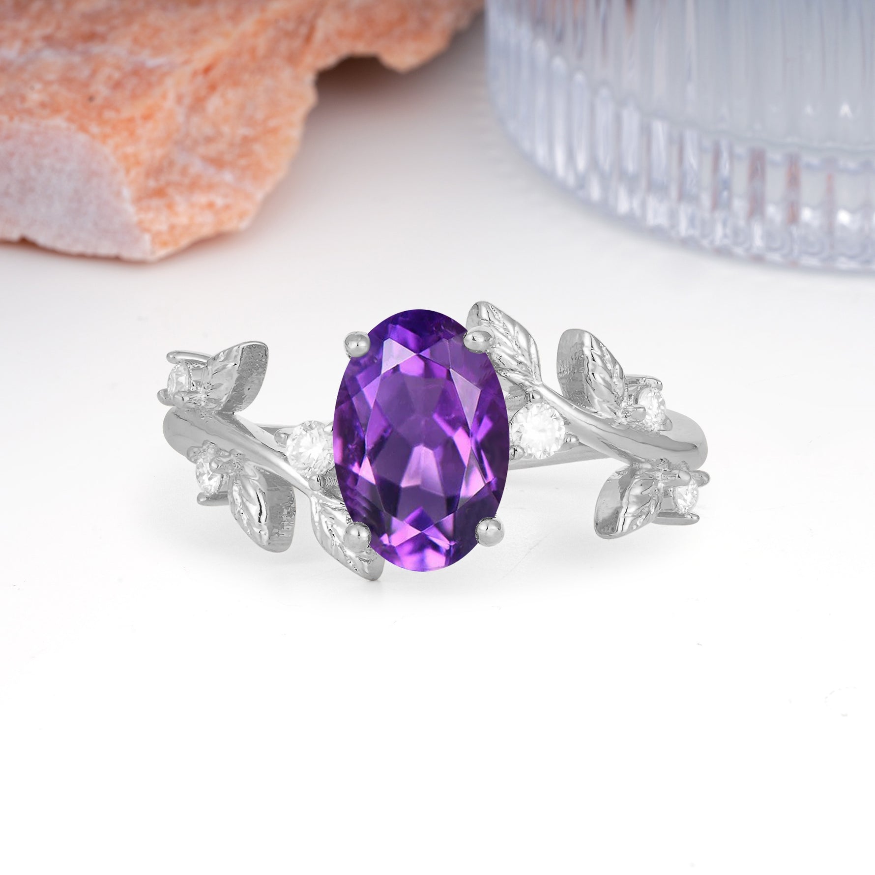 Nature Inspired Oval Cut Four Prong Leaf Vine Accent Amethyst Engagement Ring - Additional view