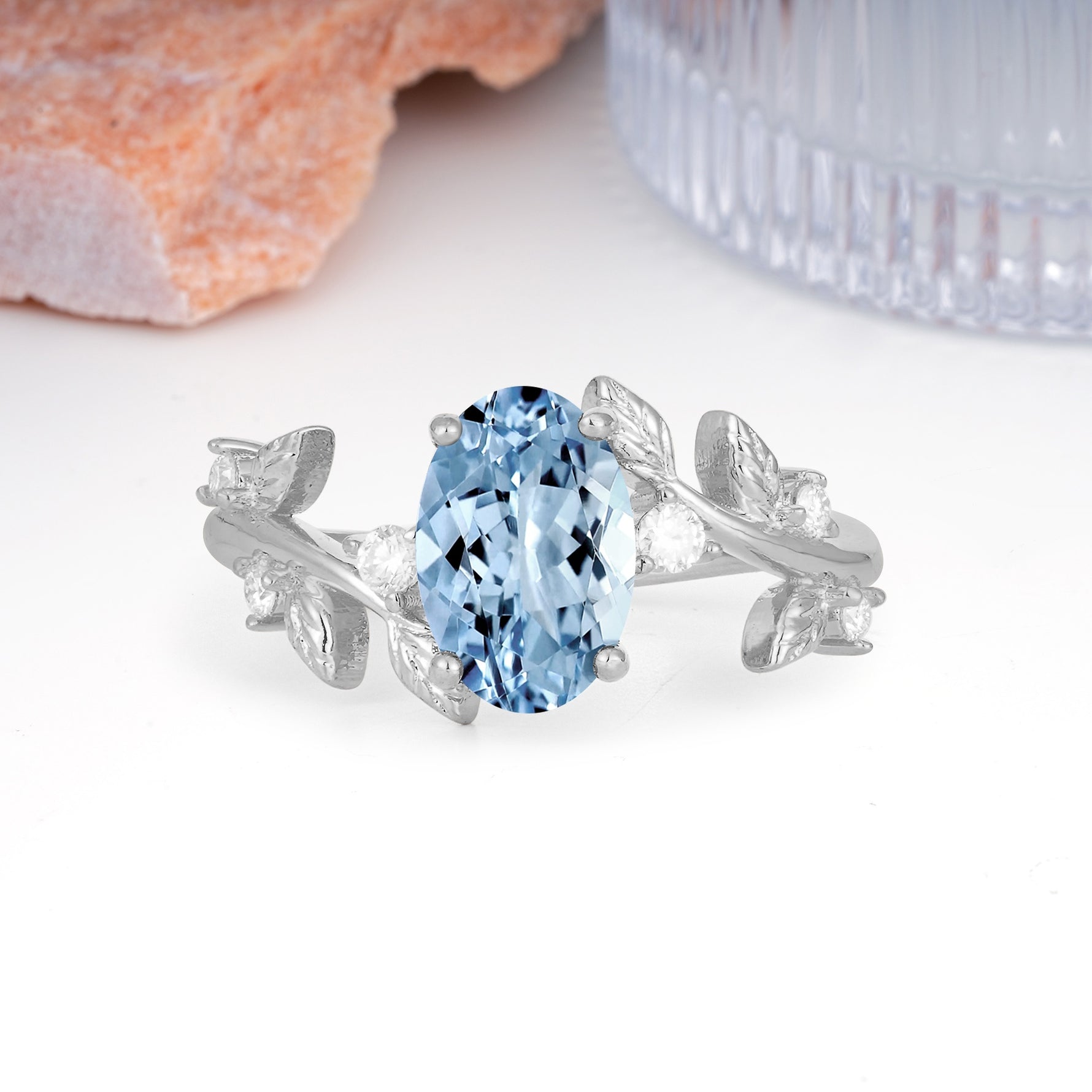 Nature Inspired Oval Cut Four Prong Leaf Vine Accent Aquamarine Engagement Ring - Additional view