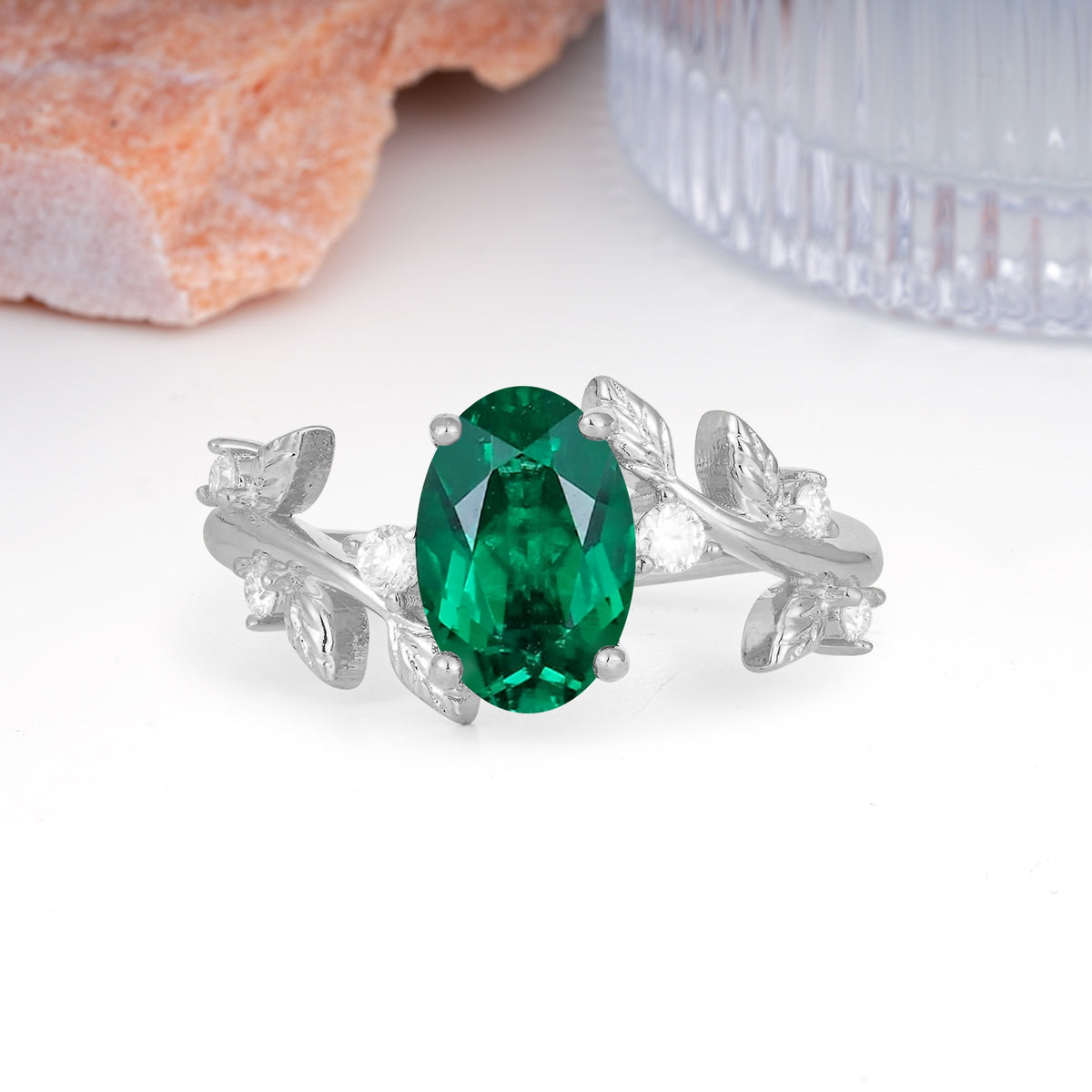 Nature Inspired Oval Cut Four Prong Leaf Vine Accent Emerald Engagement Ring - Additional view