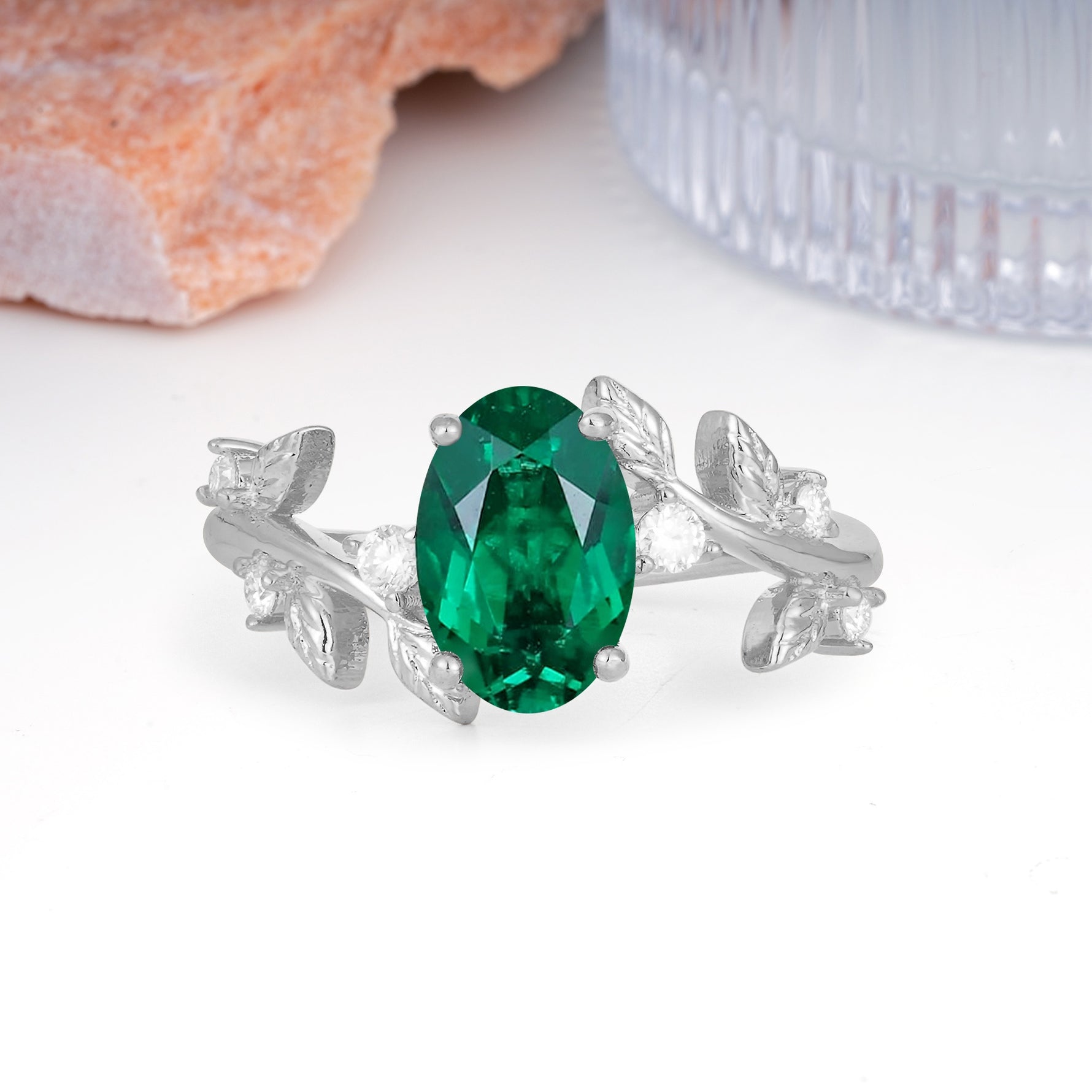 Nature Inspired Oval Cut Four Prong Leaf Vine Accent Emerald Engagement Ring - Additional view