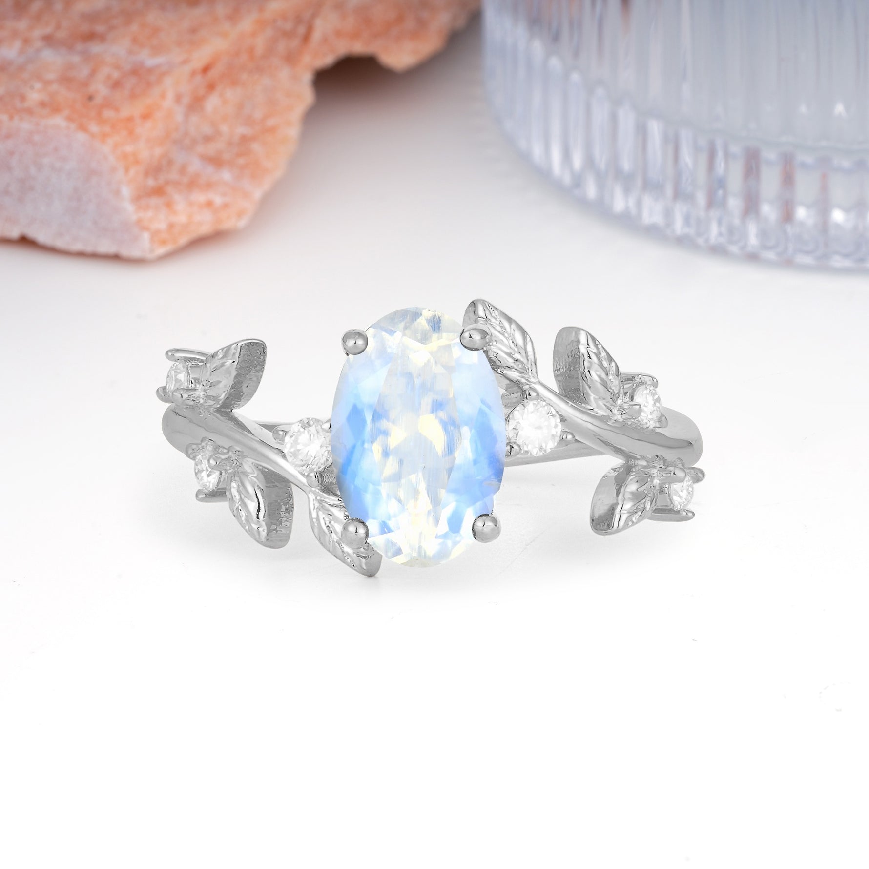 Nature Inspired Oval Cut Four Prong Leaf Vine Accent Moonstone Engagement Ring - Additional view