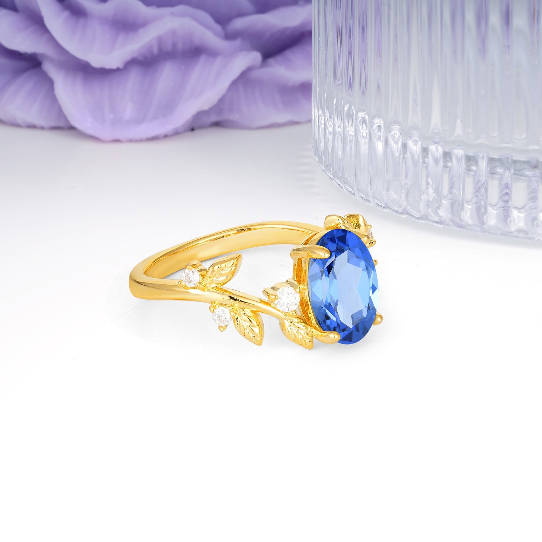 Nature Inspired Oval Cut Four Prong Leaf Vine Accent Sapphire Engagement Ring - Additional view