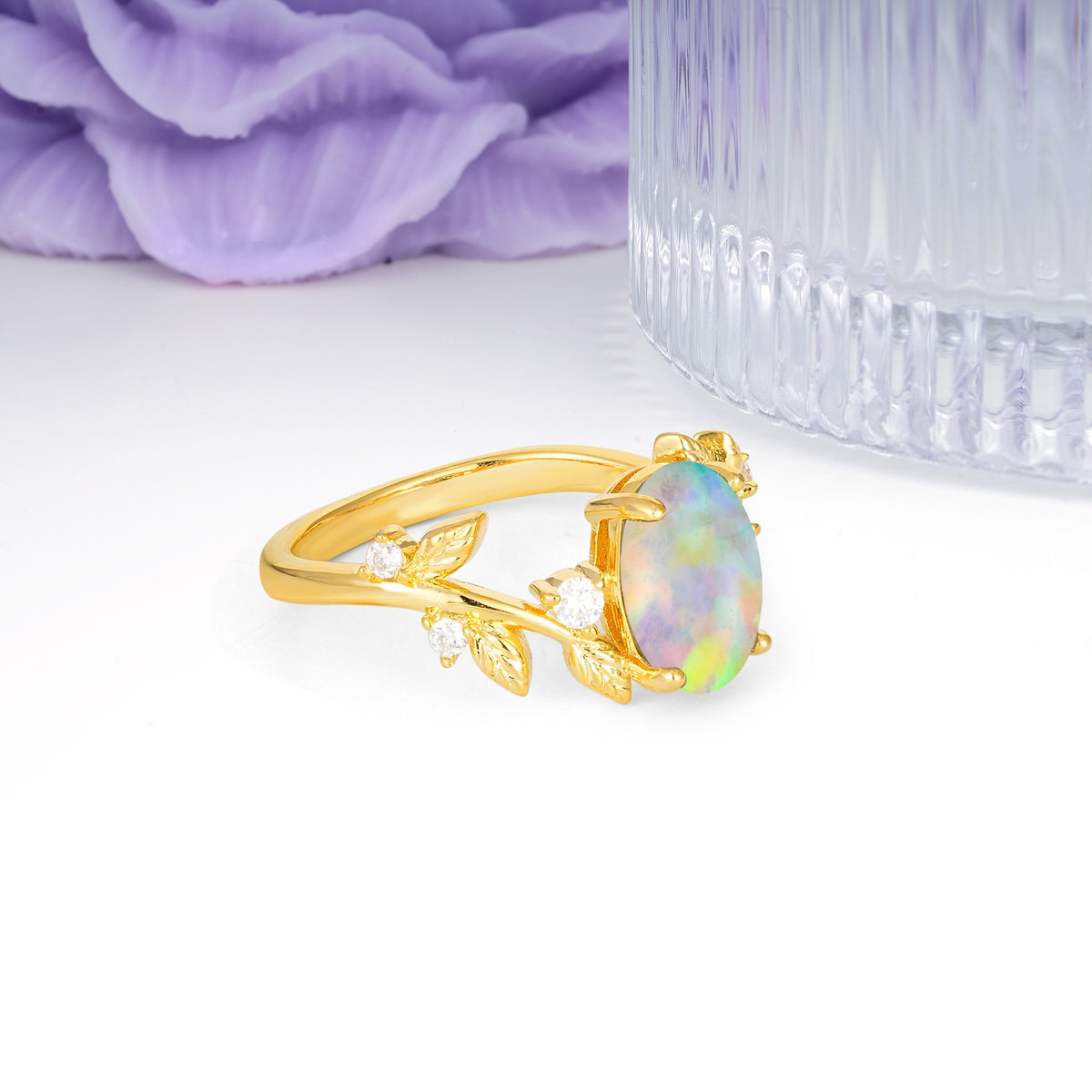 Nature Inspired Oval Cut Four Prong Leaf Vine Accent Fire Opal Engagement Ring - Additional view
