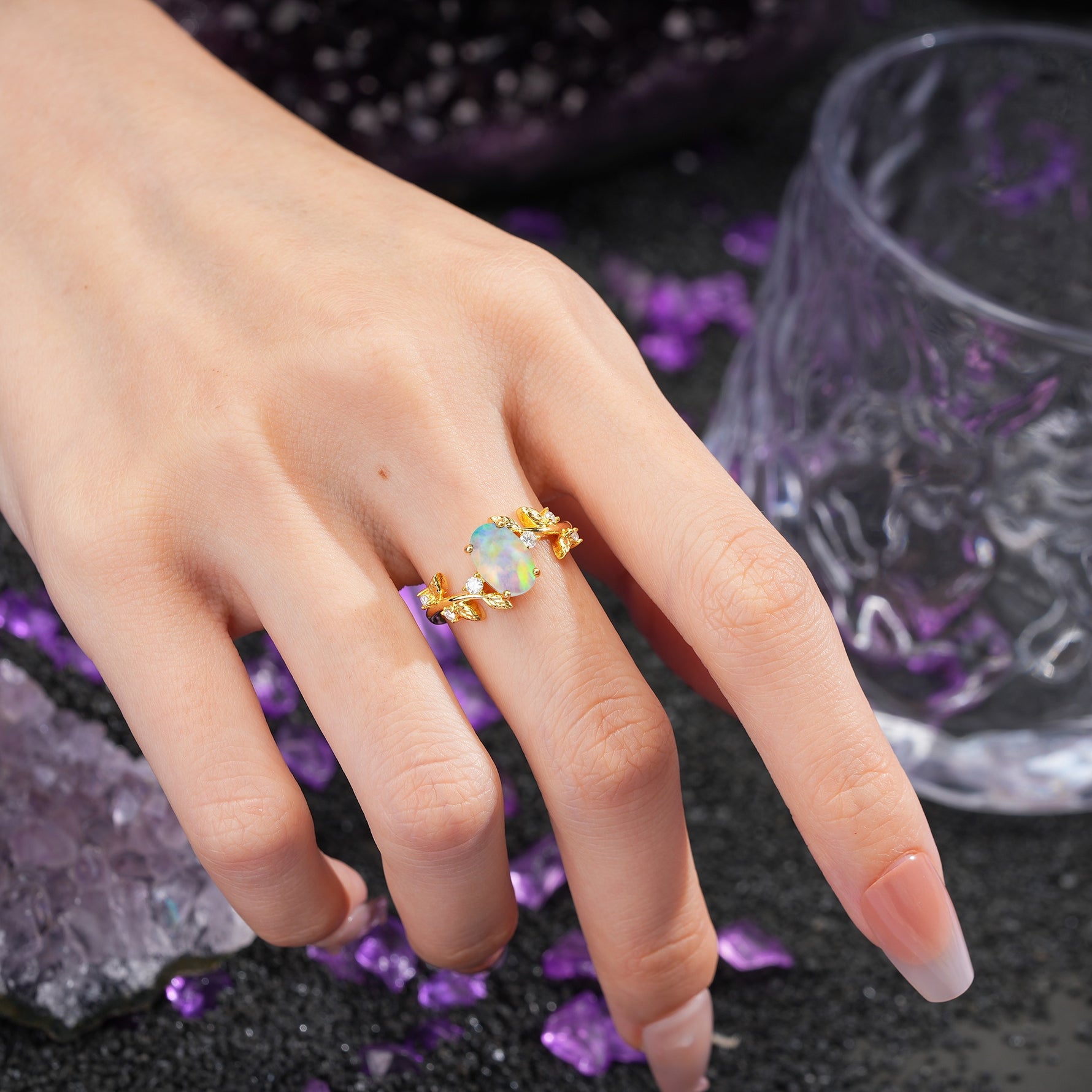 Nature Inspired Oval Cut Four Prong Leaf Vine Accent Fire Opal Engagement Ring - Additional view